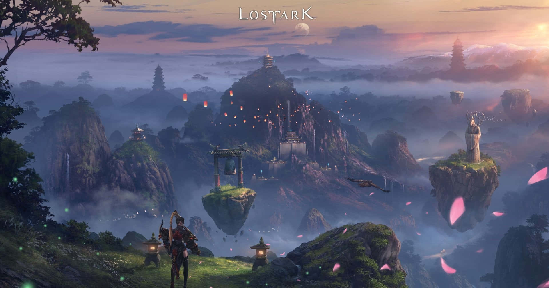 遊戲《Lost Ark》中的花瓣與燈籠場景 壁紙 — 一位奇幻戰士站在霧氣繚繞的懸崖上，俯瞰著暮色天空下漂浮的島嶼，島上有發光的燈籠和古老的塔樓。