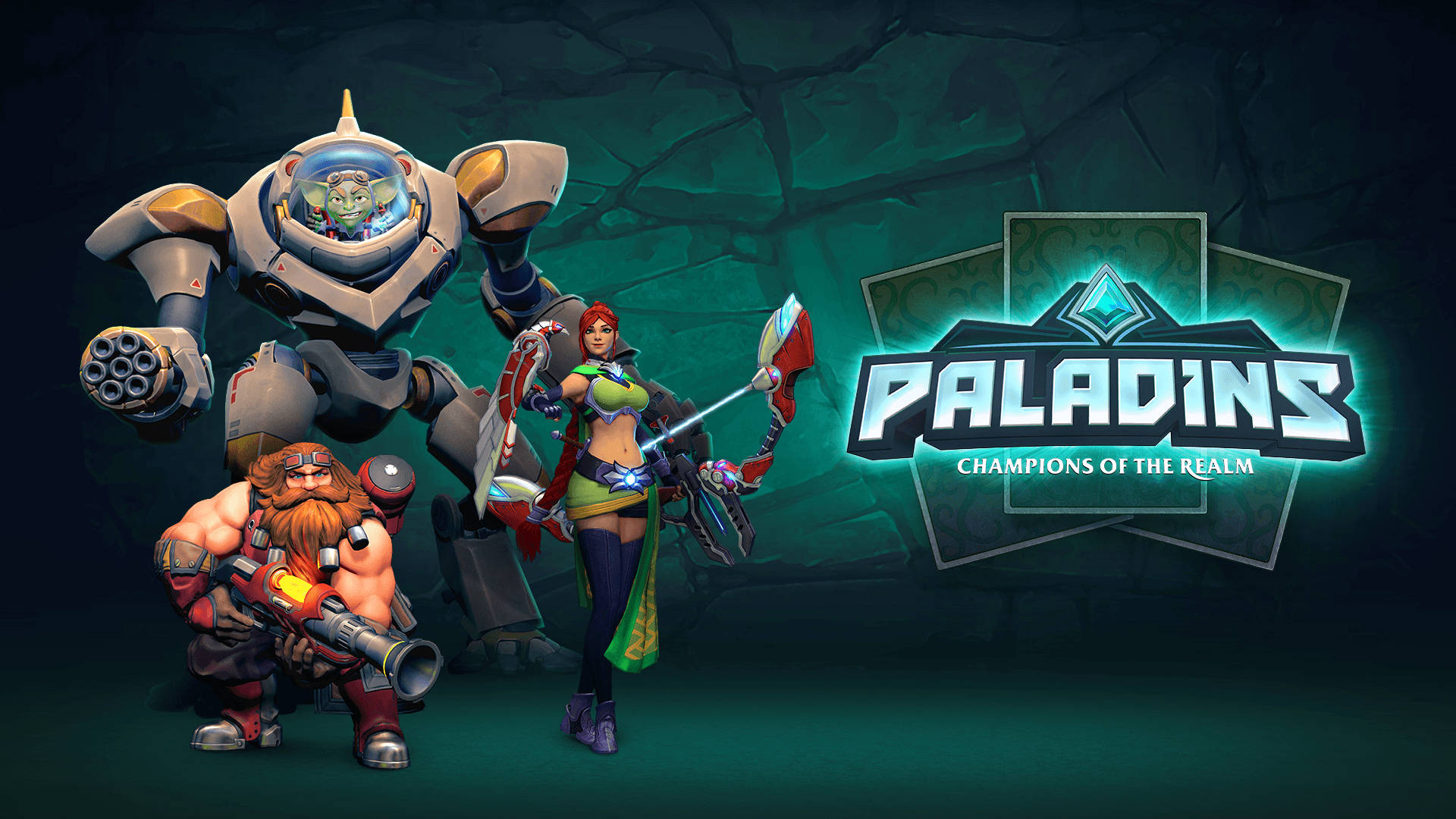 三個 Paladins 遊戲角色在發光標誌附近手持武器擺姿勢。