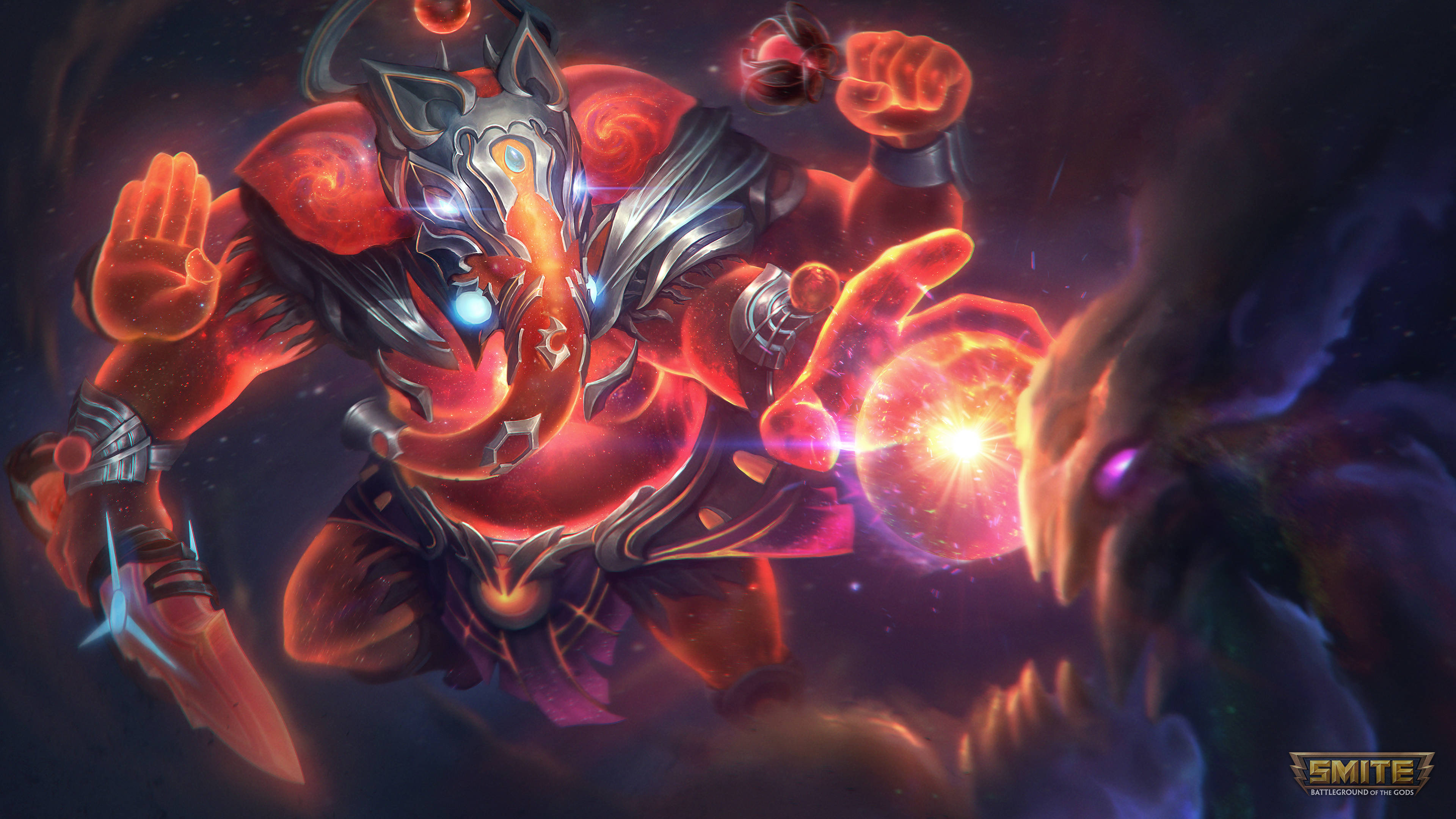 遊戲《Smite》中的象頭神甘尼薩 壁紙 — 一位身穿火紅盔甲、擁有象頭和發光球體的神祇，引導宇宙能量對抗黑暗的宇宙敵人。
