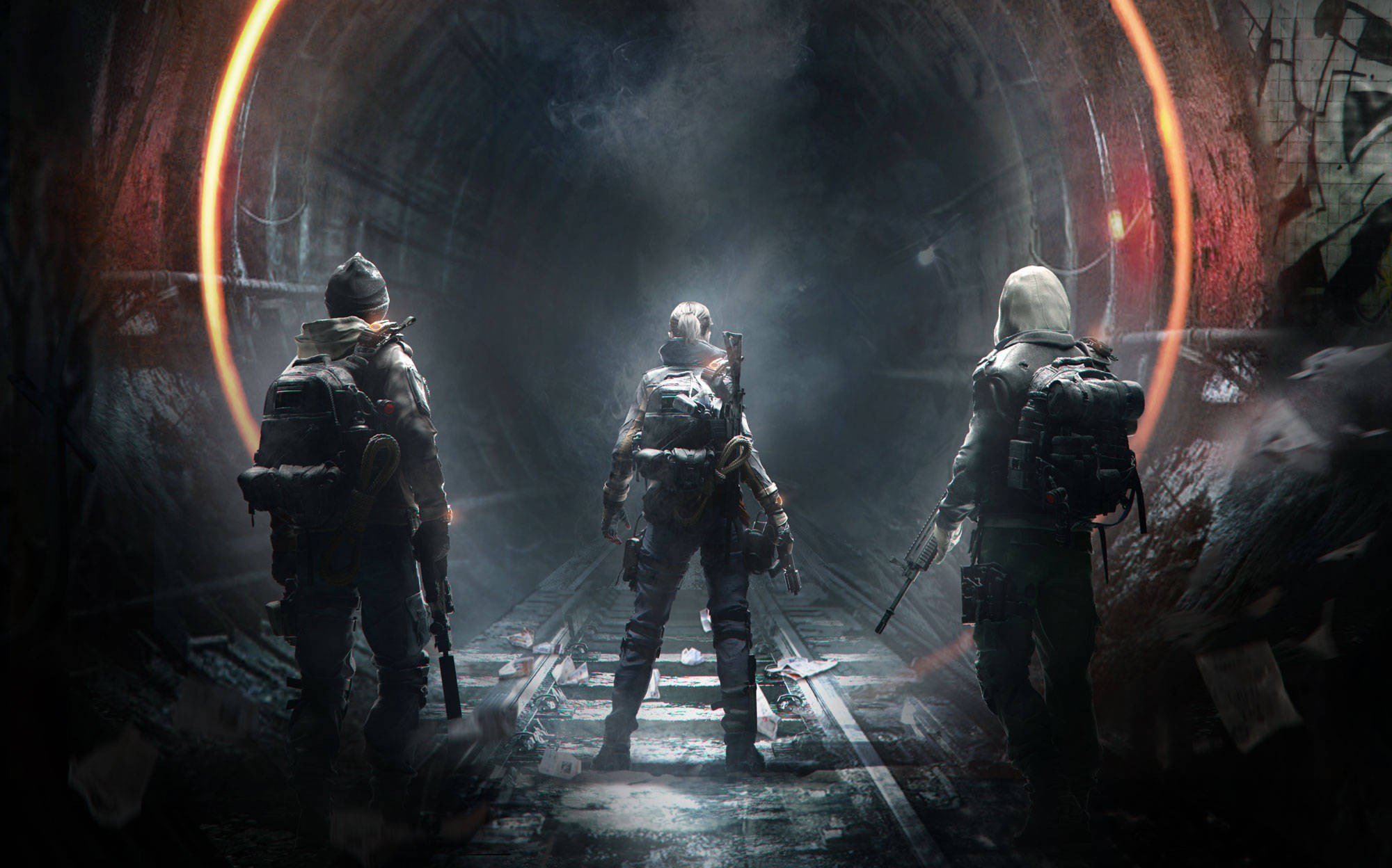 遊戲《Underground》DLC 壁紙 — 三名武裝士兵站在一個黑暗、佈滿塗鴉的隧道中，前方入口處有發光的橙色圓環框住。