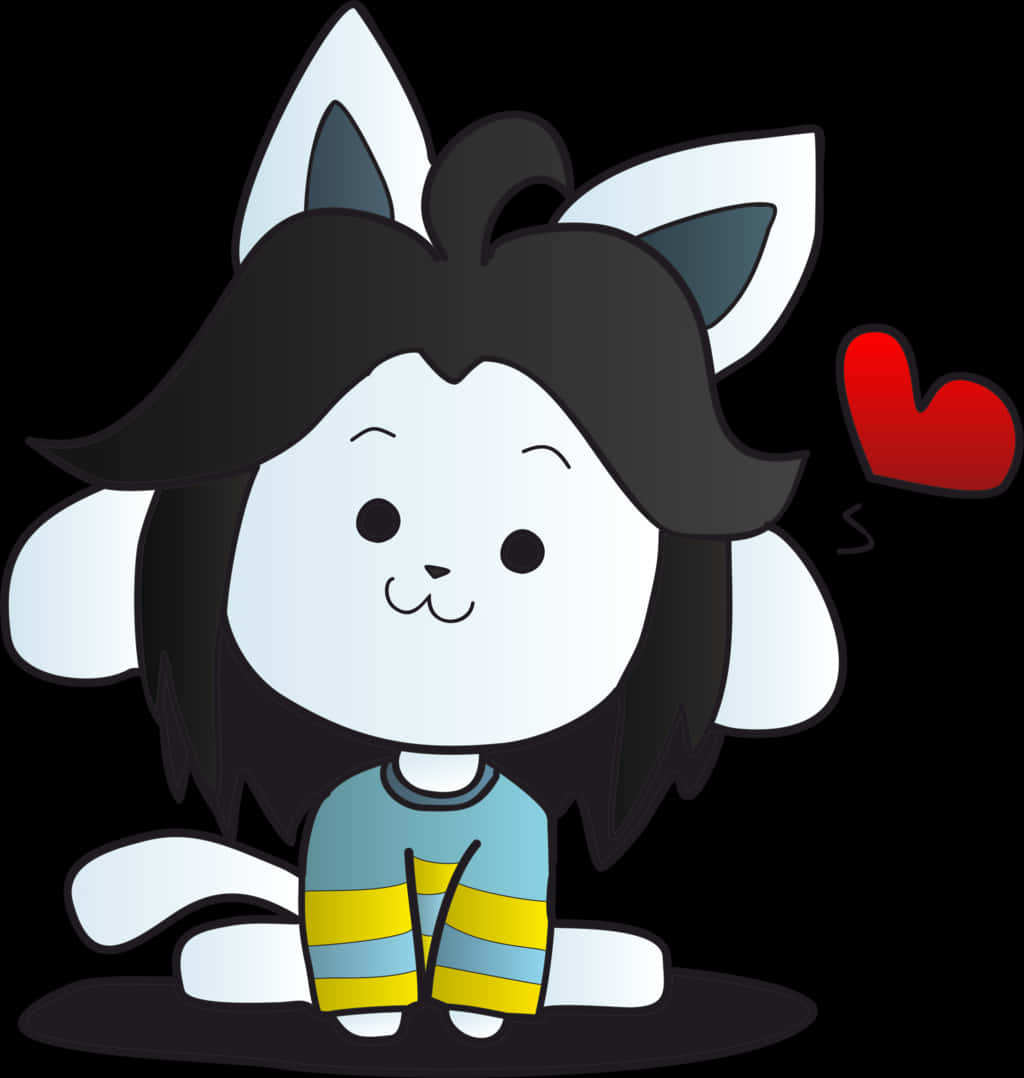 遊戲 Undertale 中的經典角色 Temmie 壁紙 — 一隻可愛的卡通貓咪，黑色頭髮白色耳朵，穿著條紋襯衫微笑坐著，旁邊漂浮著一顆紅心。