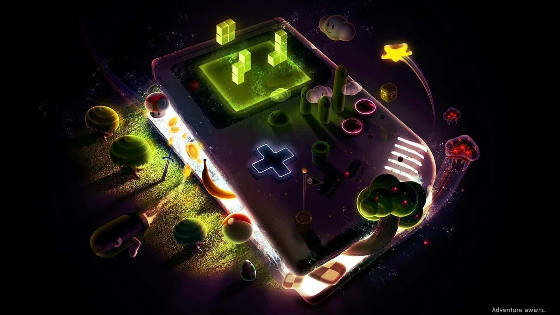 遊戲 Zoom Gameboy 背景 壁紙 — 一部發光的手提遊戲機漂浮在太空中，周圍環繞著色彩繽紛的像素遊戲角色和浮動方塊。