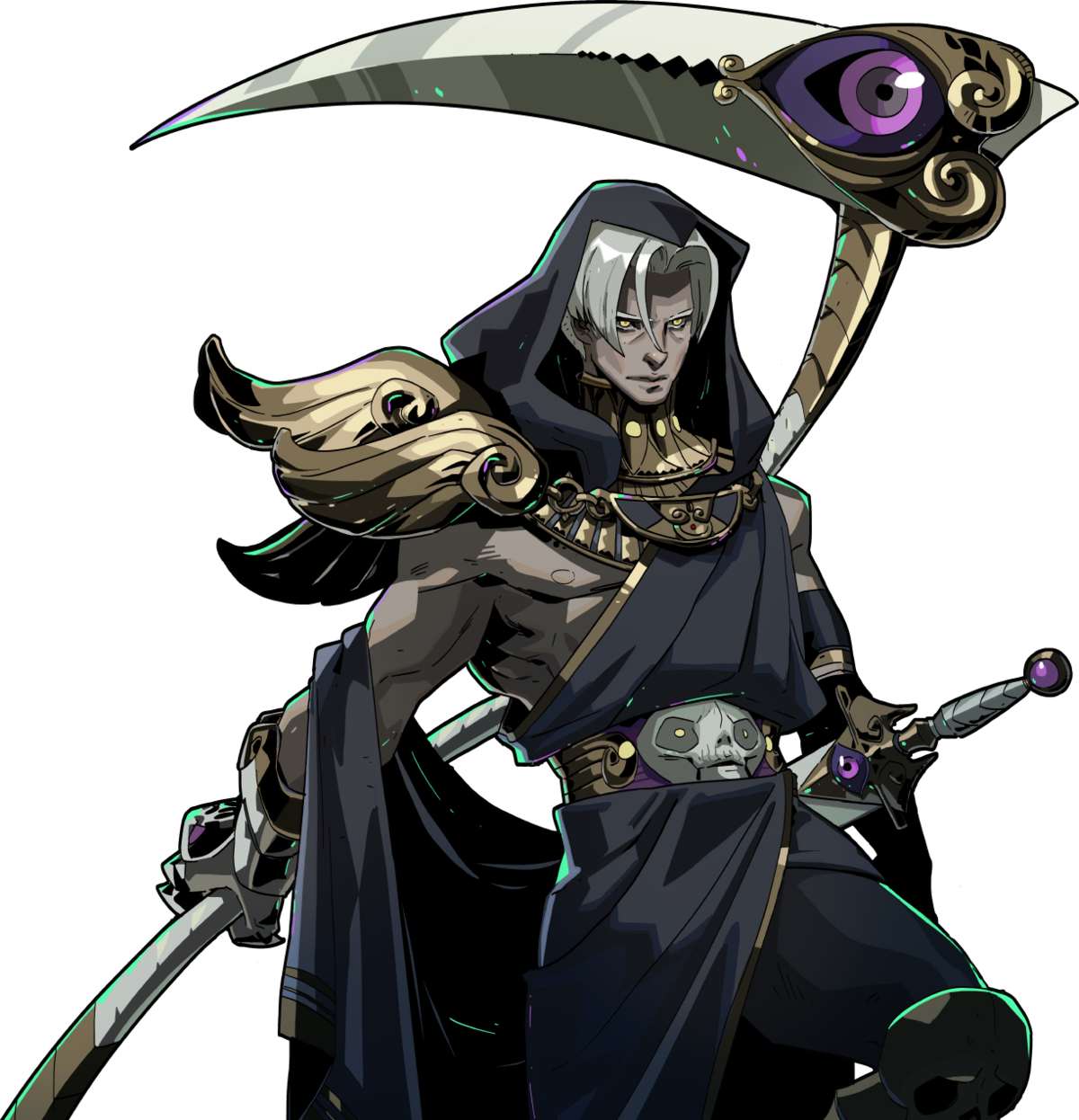 遊戲《哈迪斯》中的死神塔納托斯 壁紙 — 一位身穿深色長袍、銀色頭髮的動漫戰士，在黑色背景前揮舞著一把頂端有發光紫色眼睛的鐮刀。