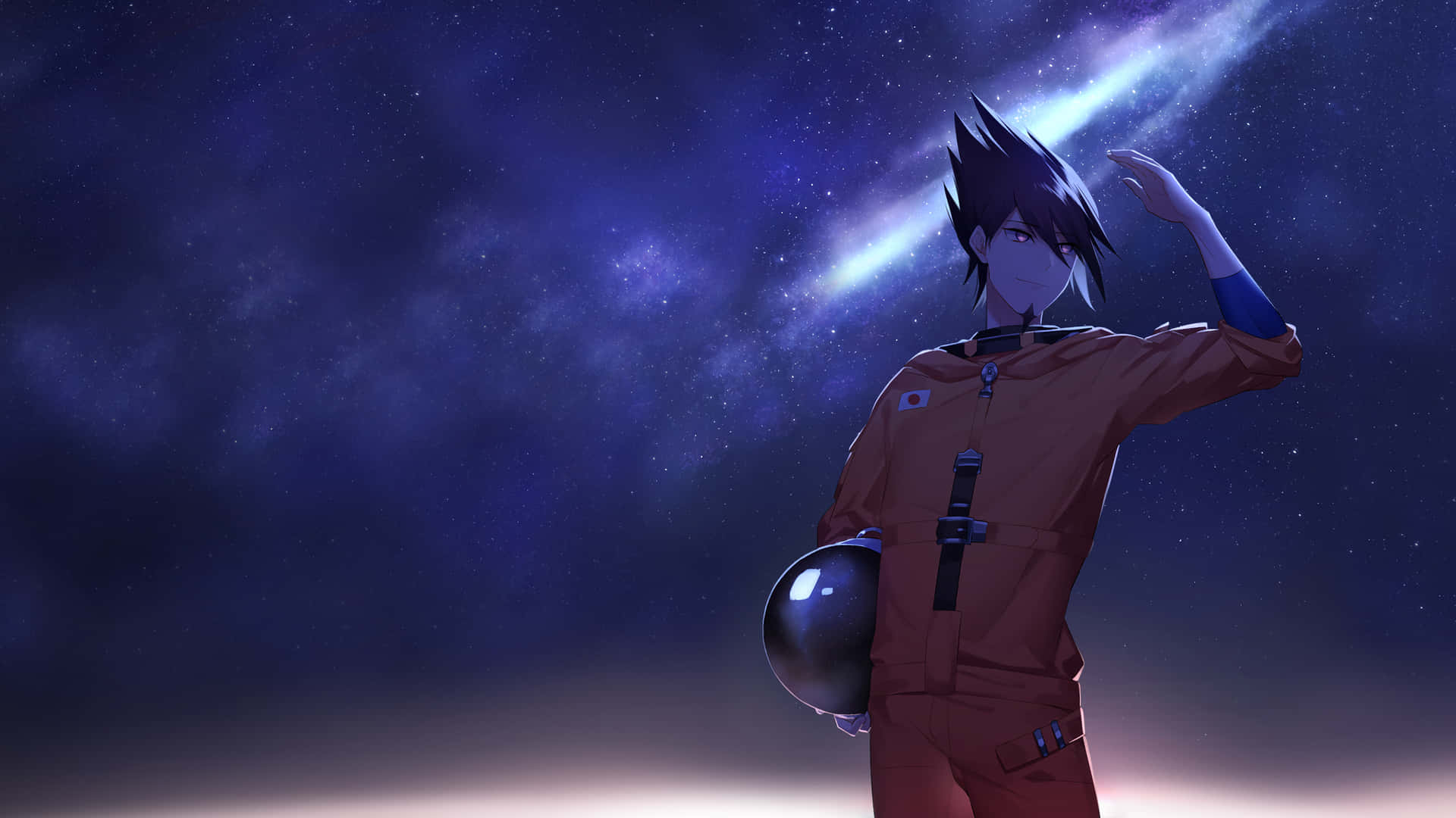 穿著橙色太空衣的動漫太空人在星光熠熠的夜空下向發光的星雲敬禮。