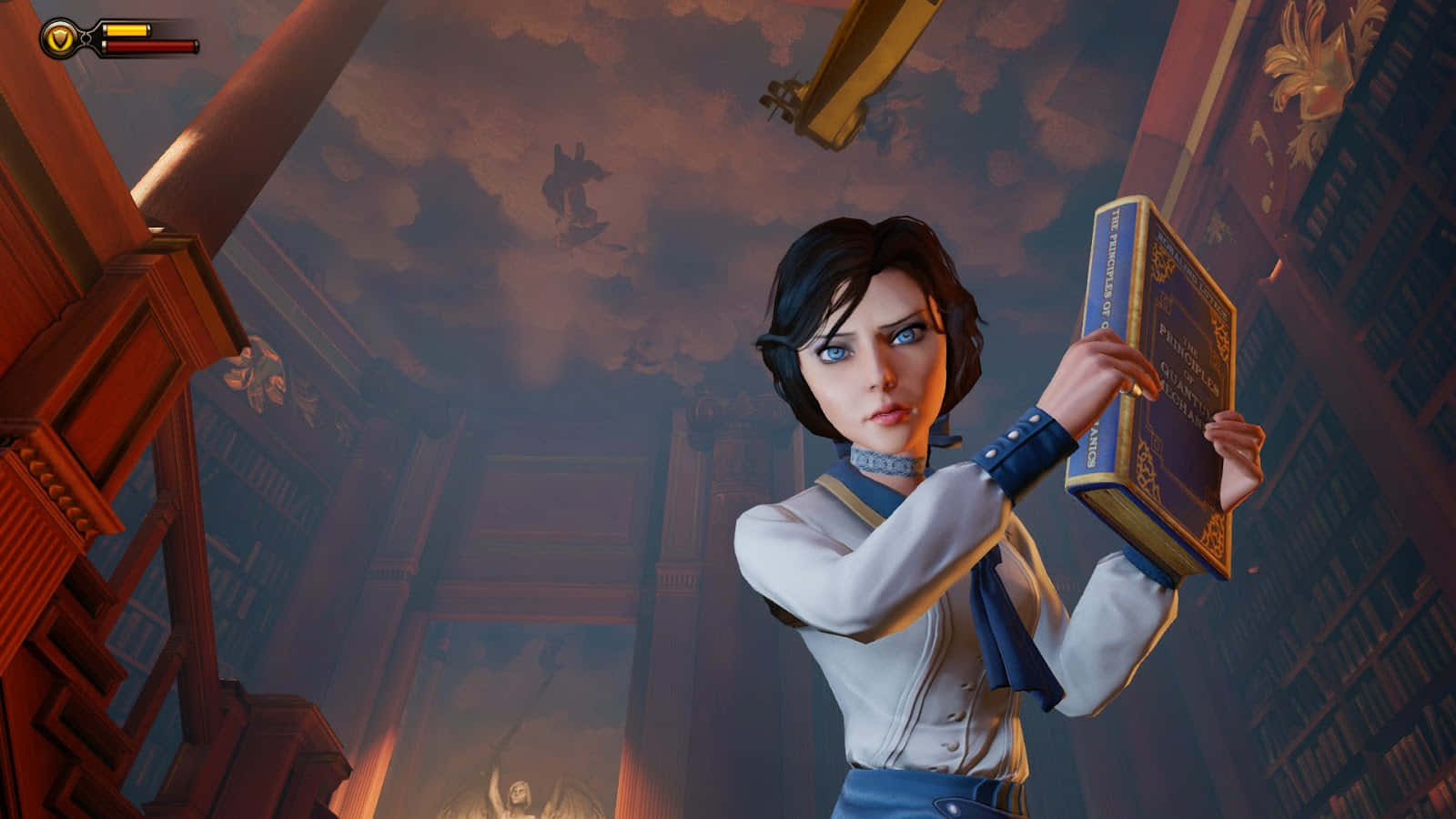 Bioshock Characters 桌布 壁紙 — 遊戲中一個堅定的女性角色在暴風雨的天空下，於漂浮的碎片和華麗的建築中手持一本發光的書。