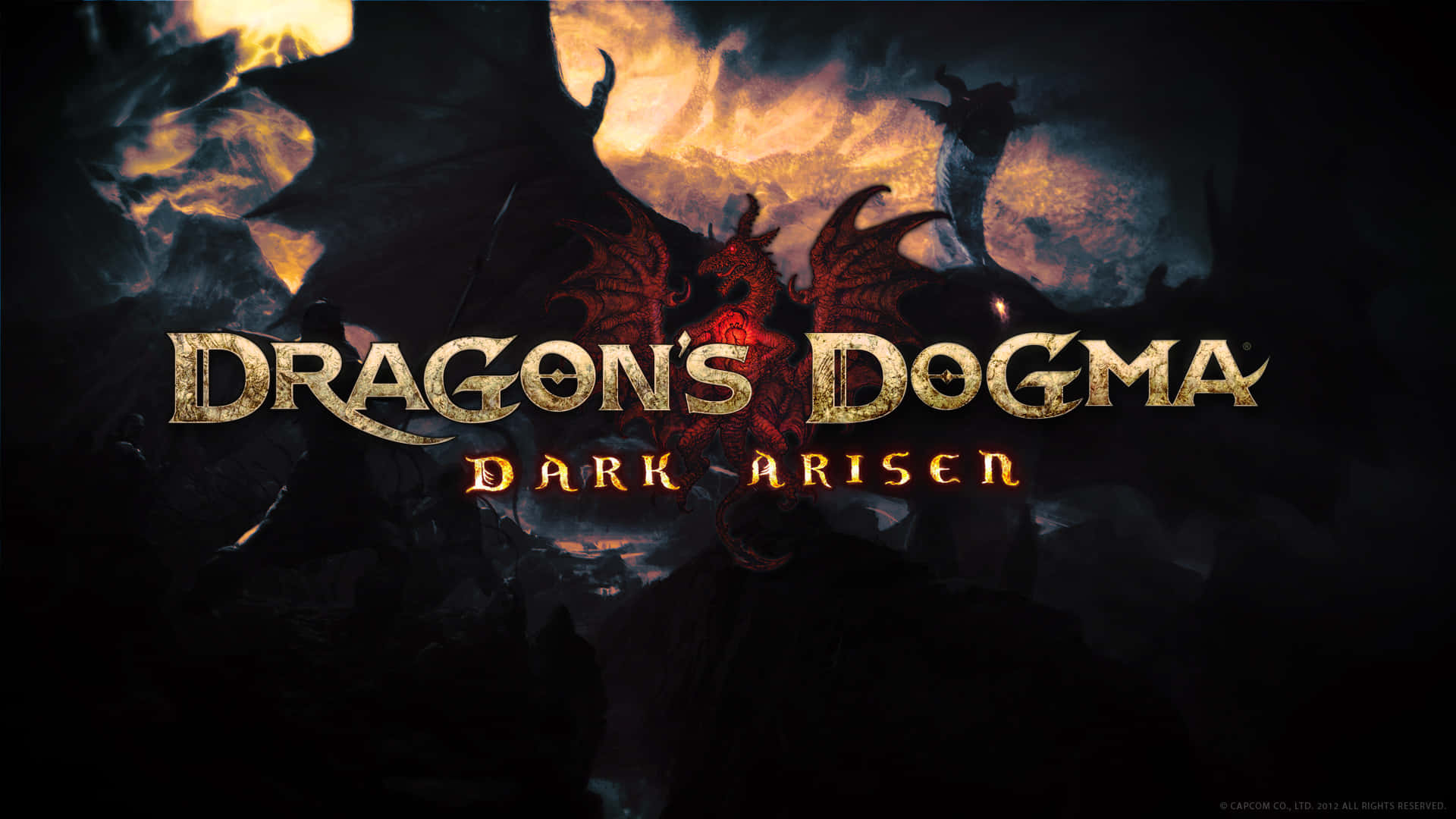 Dragon's Dogma Dark Arisen遊戲標題，背景是暴風雨的天空，有一條火龍。