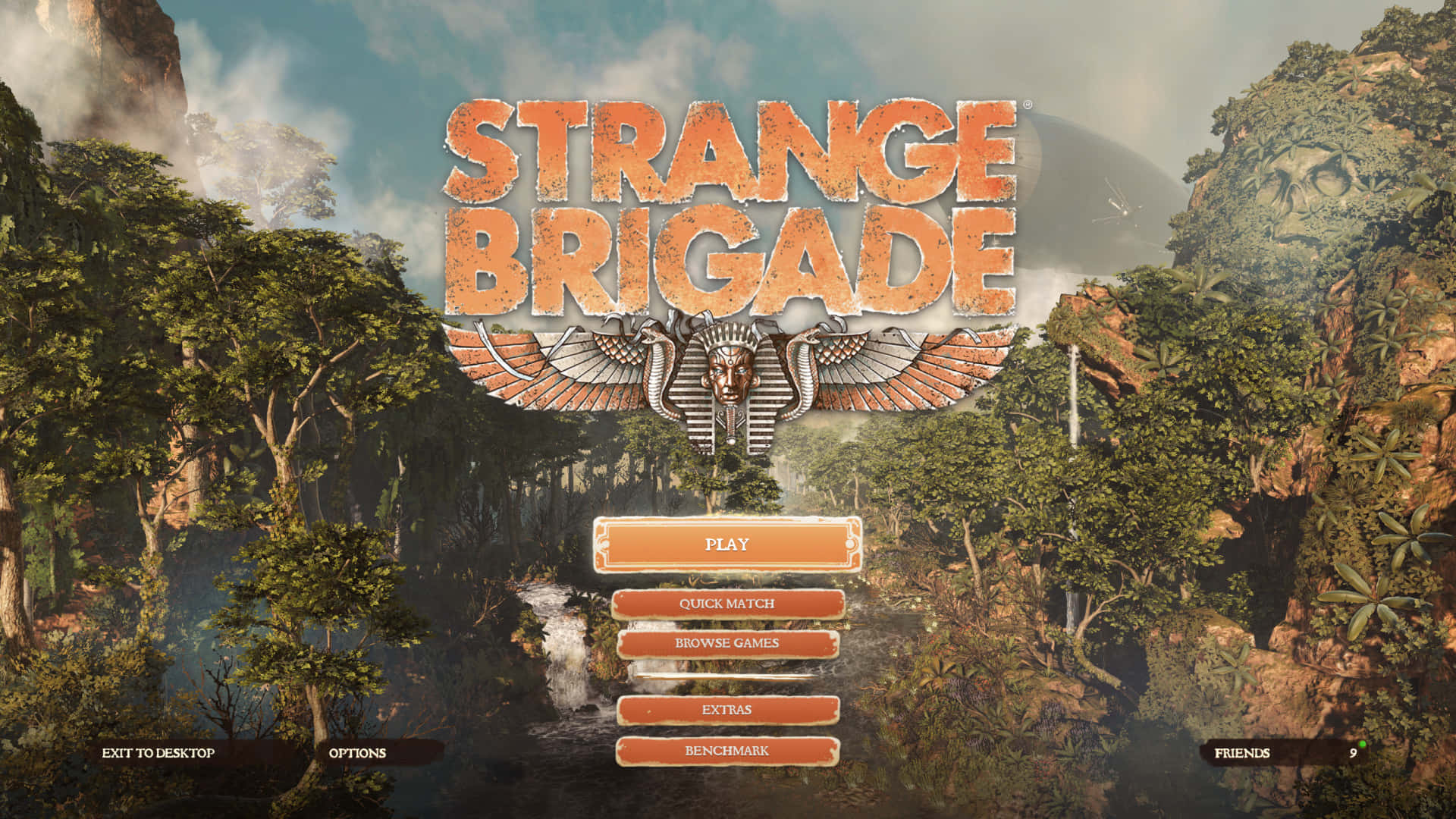 遊戲主頁最佳《Strange Brigade》背景 壁紙 — Strange Brigade 的叢林主題遊戲選單，帶有古埃及圖案和茂密的綠色植物。
