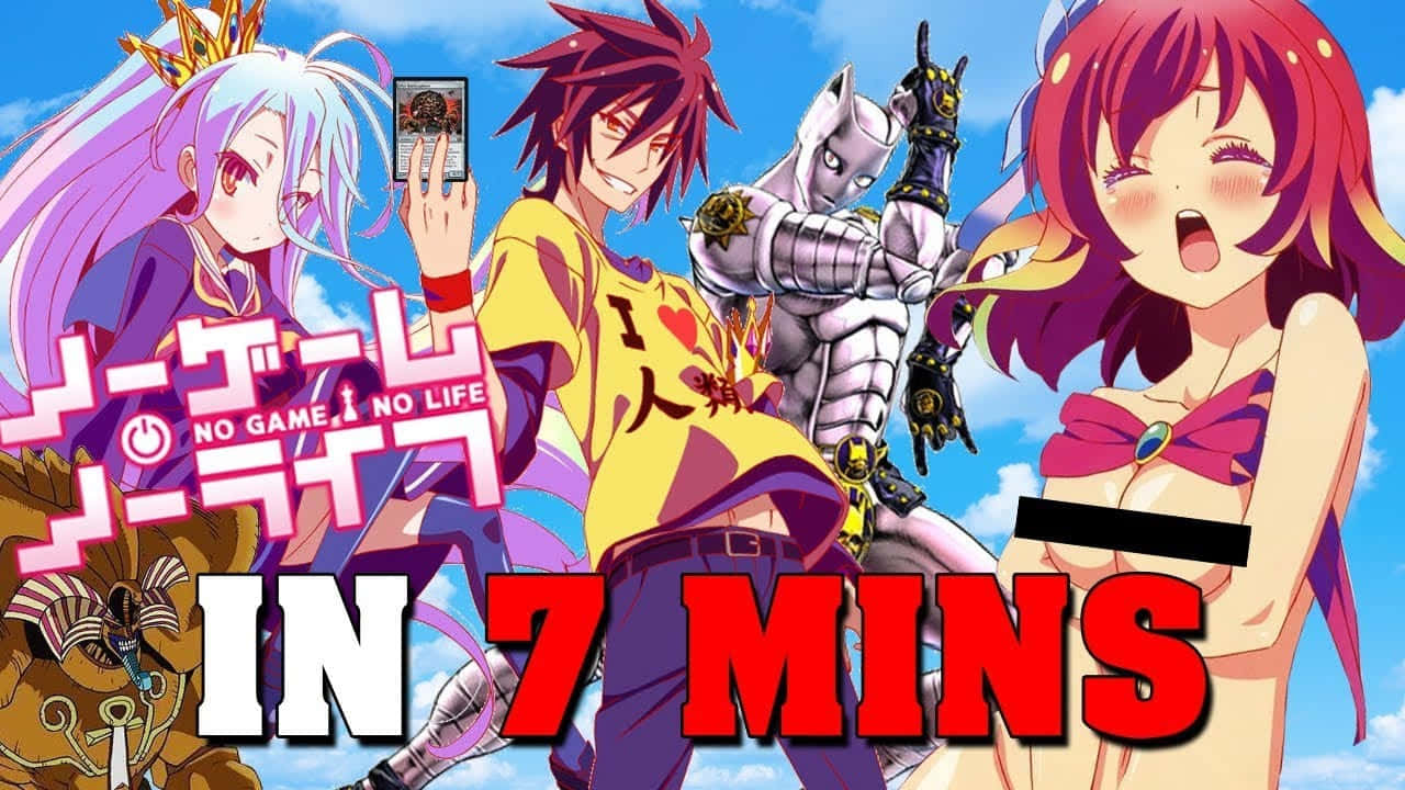 來自《No Game No Life》的動漫角色在藍天下帶有粗體文字疊加。