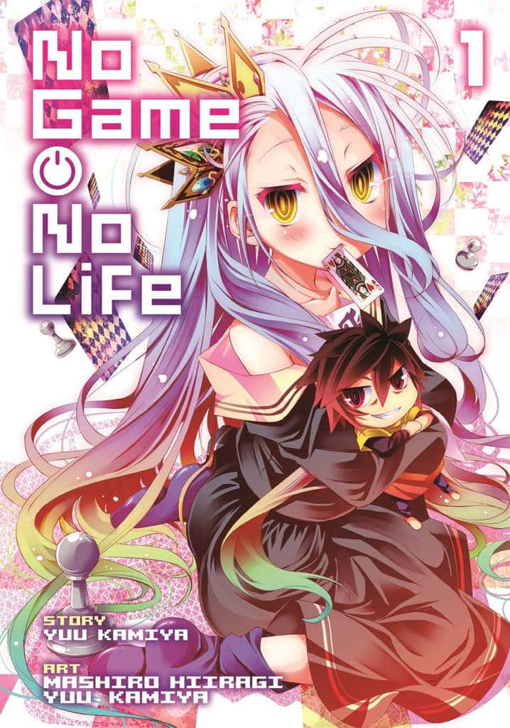 來自《No Game No Life》的動畫角色手持遊戲卡和一個發光的獎盃。