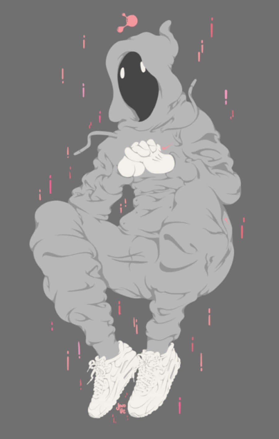 一個穿著連帽衫和運動鞋的幽靈般的身影在粉紅色的雨中漂浮。