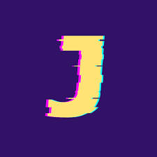 紫色背景上黃色字母J的故障效果。