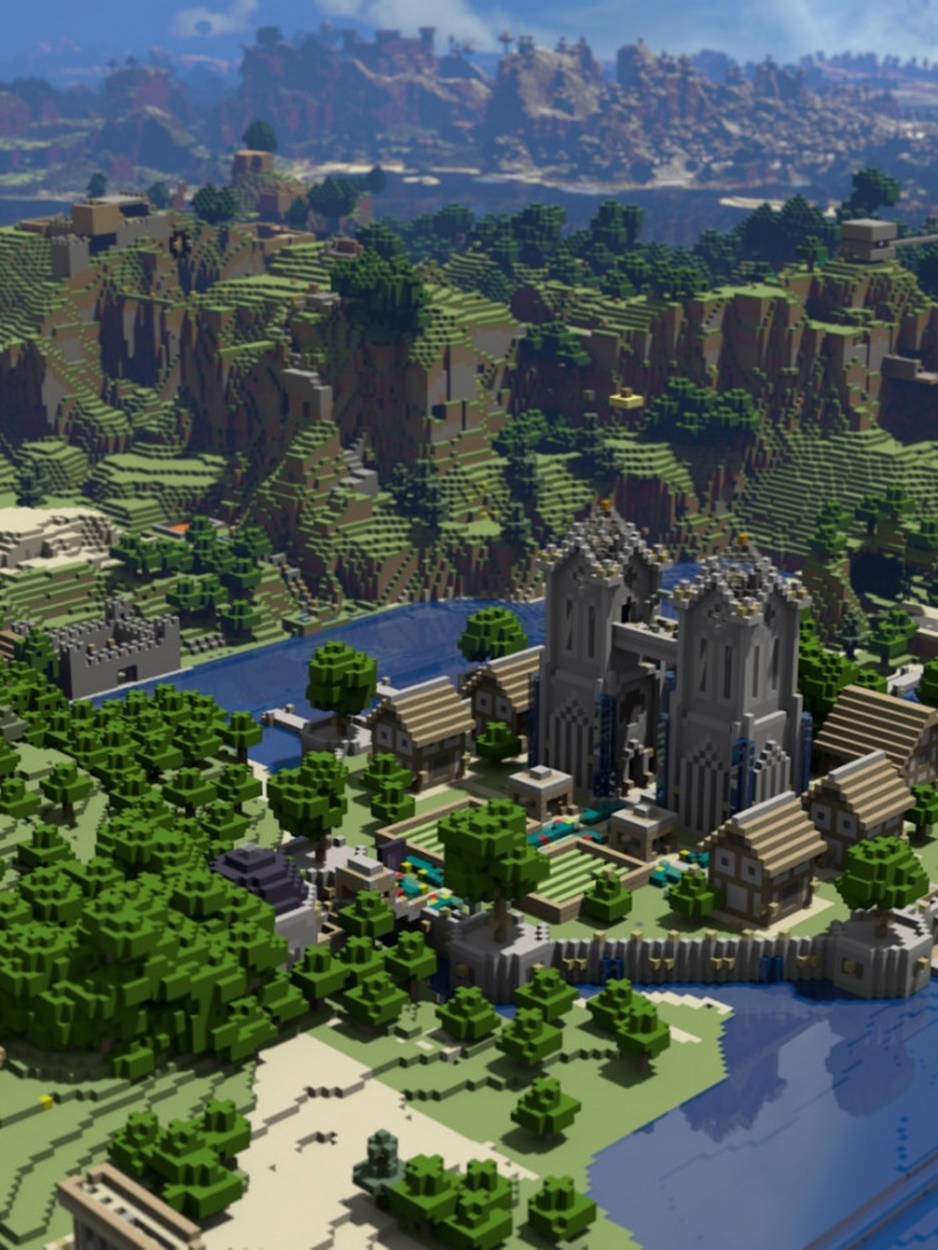 Minecraft村莊，有城堡和河流，周圍環繞著綠色山丘和懸崖。