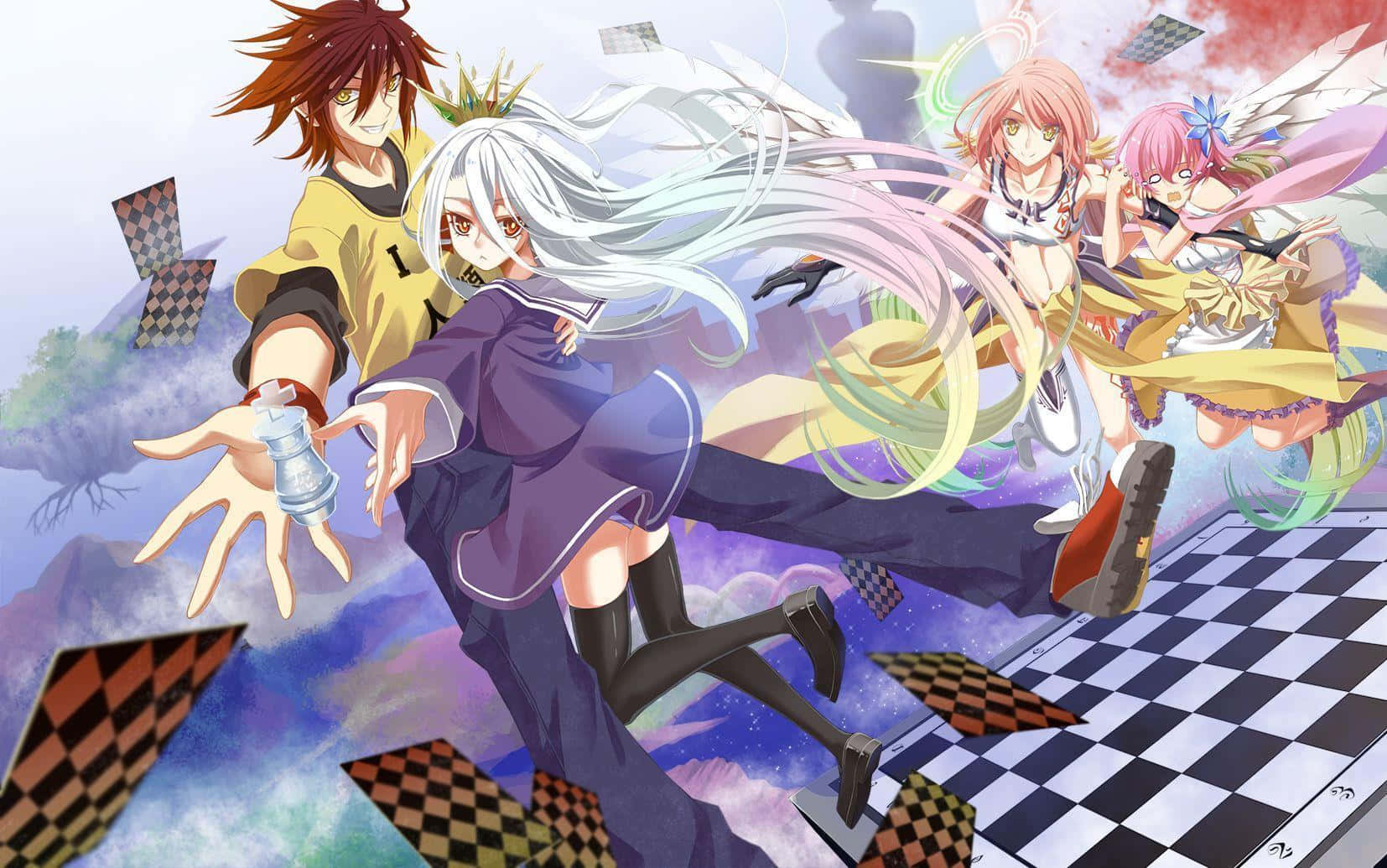 遊戲大師：空與白 壁紙 — 四個動漫角色在浮動棋盤上動態跳躍，格子棋子於超現實天空中飛舞。