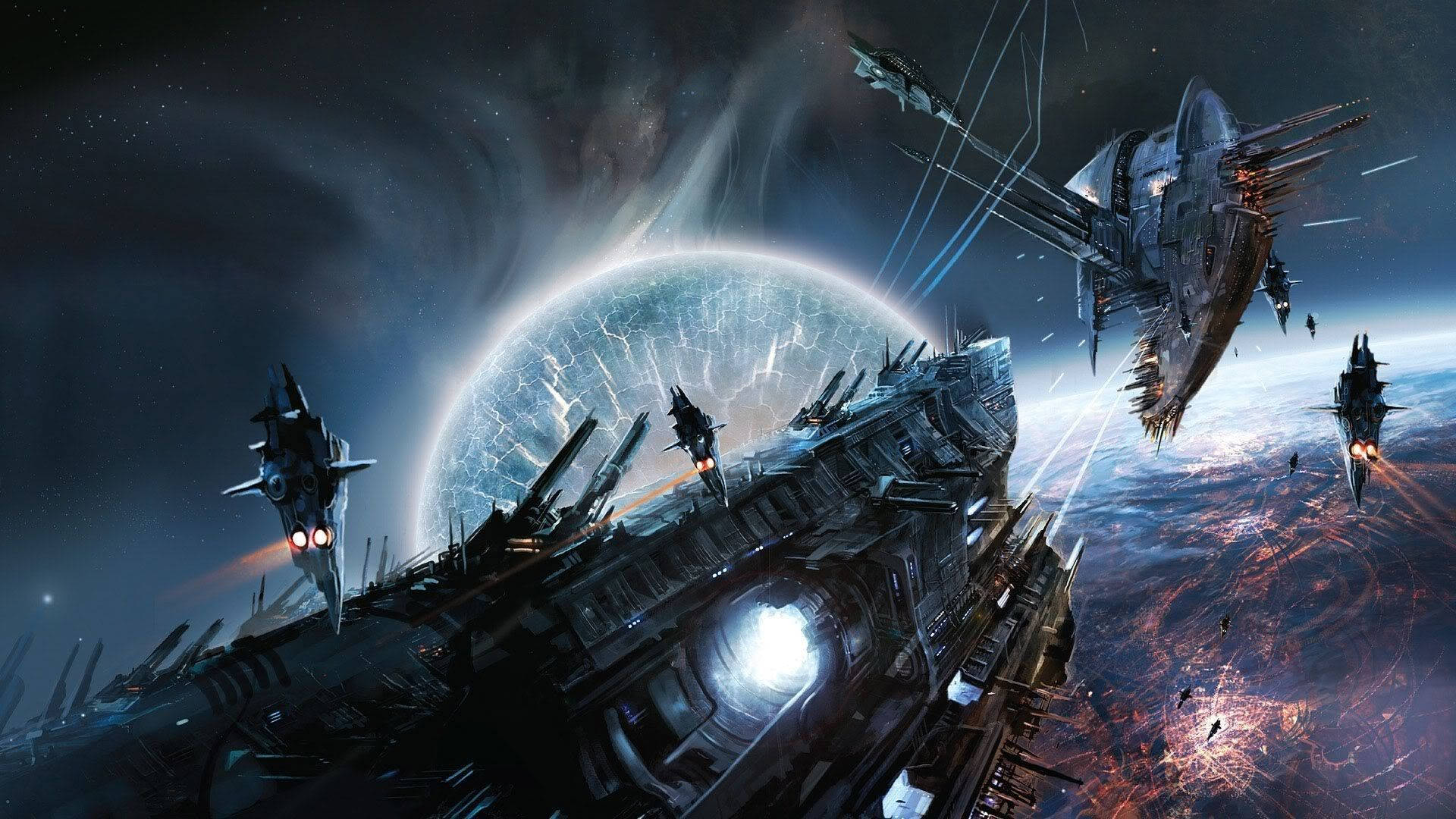 遊戲太空船 壁紙 — 巨型戰艦在閃電風暴籠罩的發光行星上空戰鬥，呈現宇宙戰爭場景。