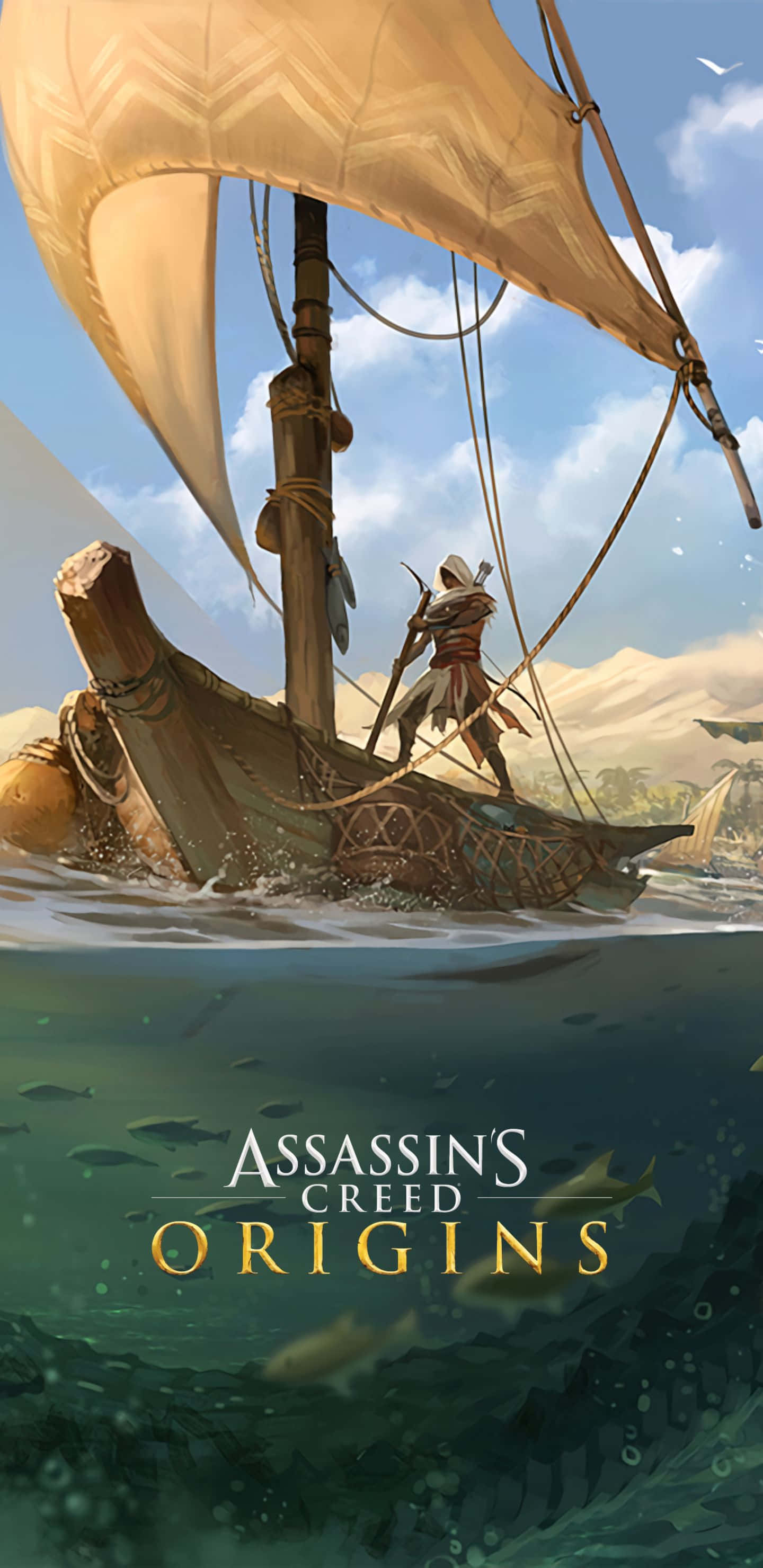 遊戲封面：巴耶克駕船出海 — 刺客信條起源 Pixel 3XL 壁紙 — 一個孤獨的刺客站在一艘古老的帆船上，劃過陽光普照的水域，魚兒在下方游動，遠處是沙漠懸崖。