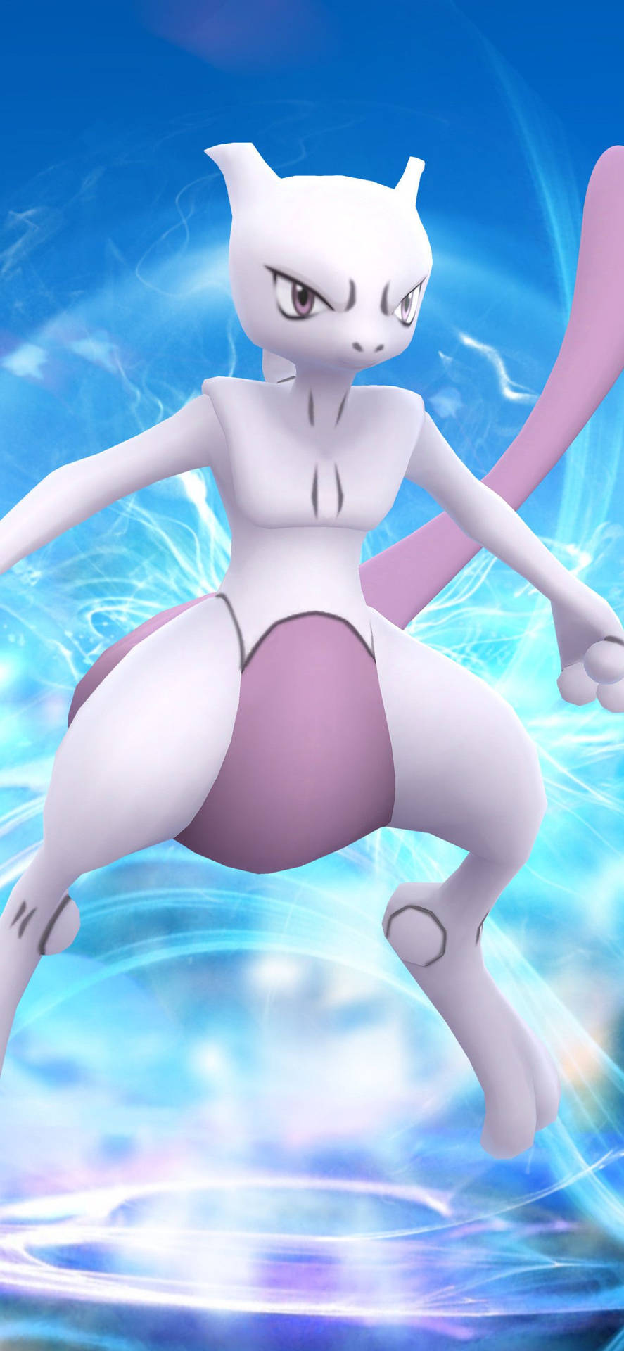Mewtwo 以動態姿勢被發光的藍色能量包圍。