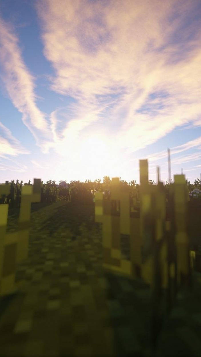 像素化Minecraft田野在日落時，方塊樹木與發光天空。