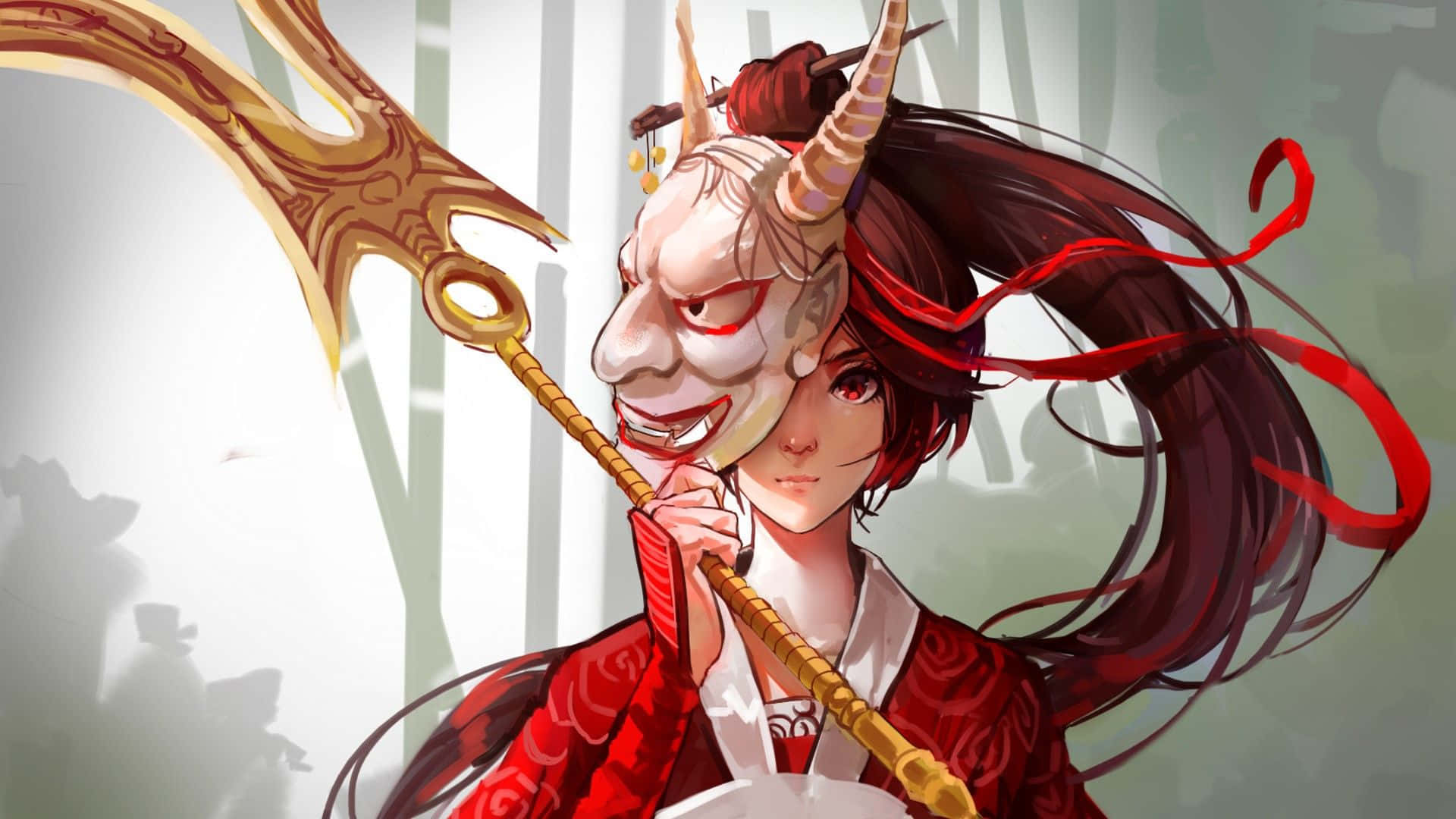 遊戲時尚風格 壁紙 — 一位身穿紅色傳統服飾的年輕女子，手持一根頂端飾有咧嘴鬼面具的華麗手杖，背景是霧氣瀰漫的竹林。