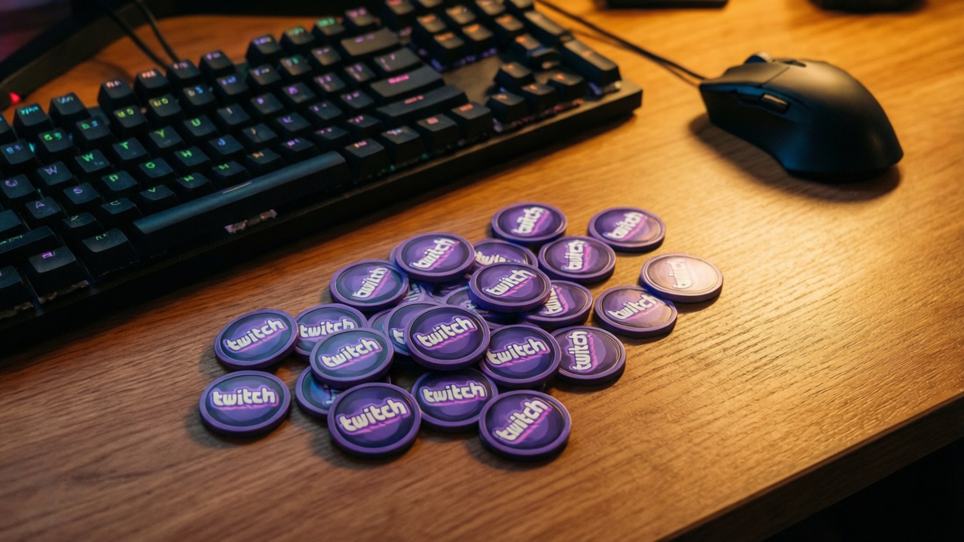Twitch直播主徽章放在木桌上，旁邊有鍵盤和滑鼠。