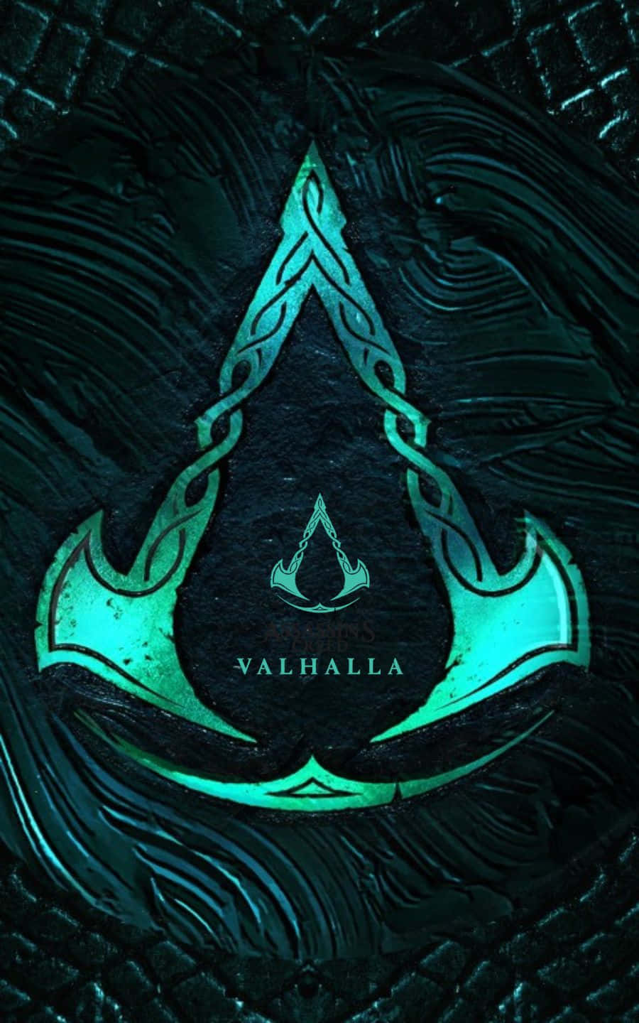 遊戲標誌 1440p 刺客信條：維京紀元 背景 壁紙 — 一個發光的青綠色 Assassin's Creed Valhalla 標誌，蝕刻在深色紋理石頭上，帶有複雜的北歐圖案。