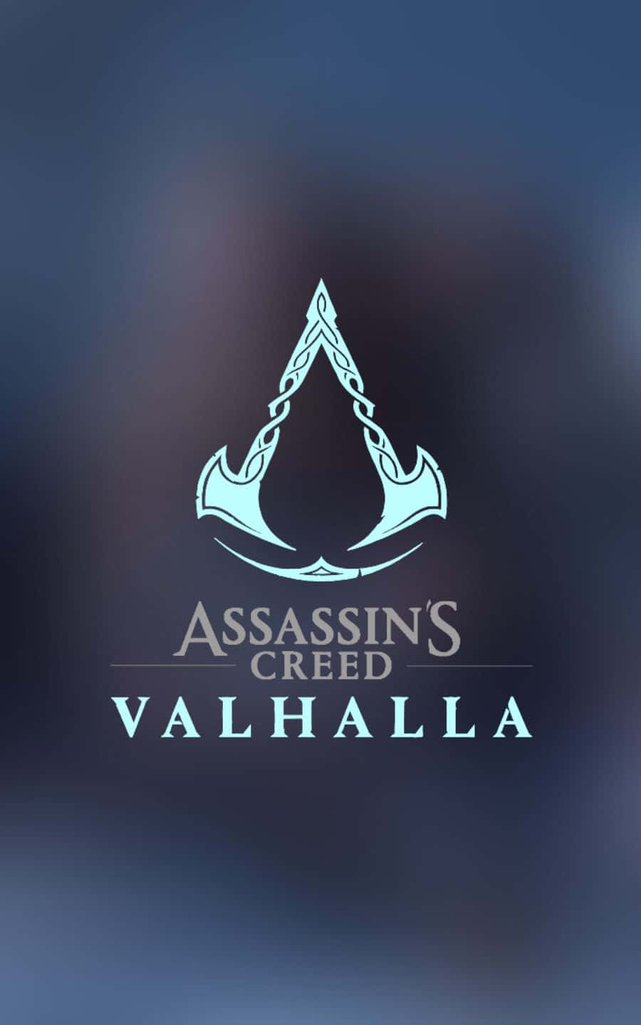 遊戲標題 1440p 刺客信條：維京紀元 背景 壁紙 — Assassin's Creed Valhalla 標誌在模糊的深藍色漸變背景上發出青色光芒。