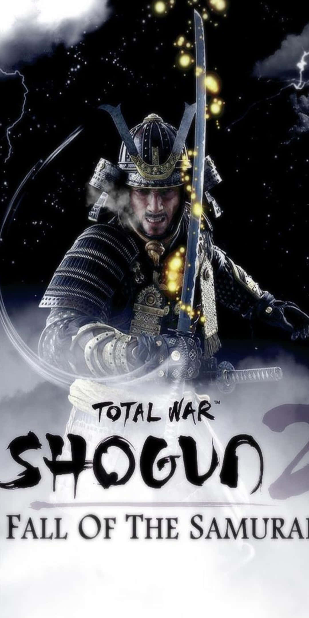 遊戲海報 Pixel 3 Total War Shogun 2 背景 壁紙 — 一位兇猛的武士穿著華麗盔甲，在雷電交加、星光閃爍的暴風雨夜空中握著一把發光的劍。