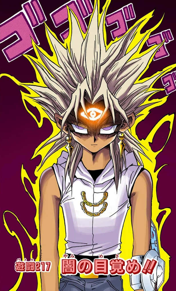 《遊戲王》反派角色馬利克·伊修塔爾 壁紙 — 動漫角色擁有尖刺白髮、發光眼睛和黃色光環，在深紫色背景前強勢站立。