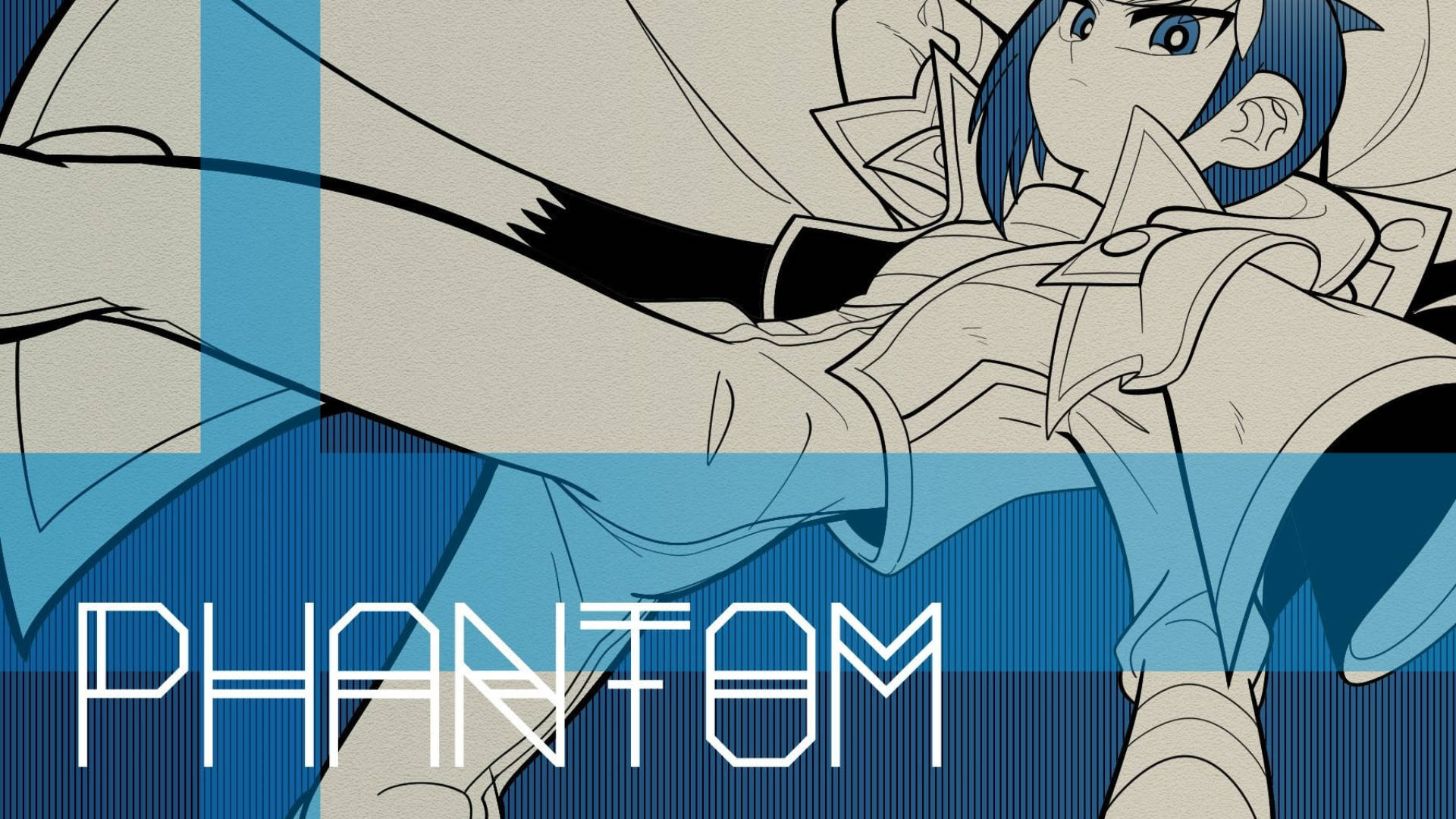 藍色頭髮和銳利眼睛的動漫角色，以動態姿勢帶有'PHANTOM'文字。