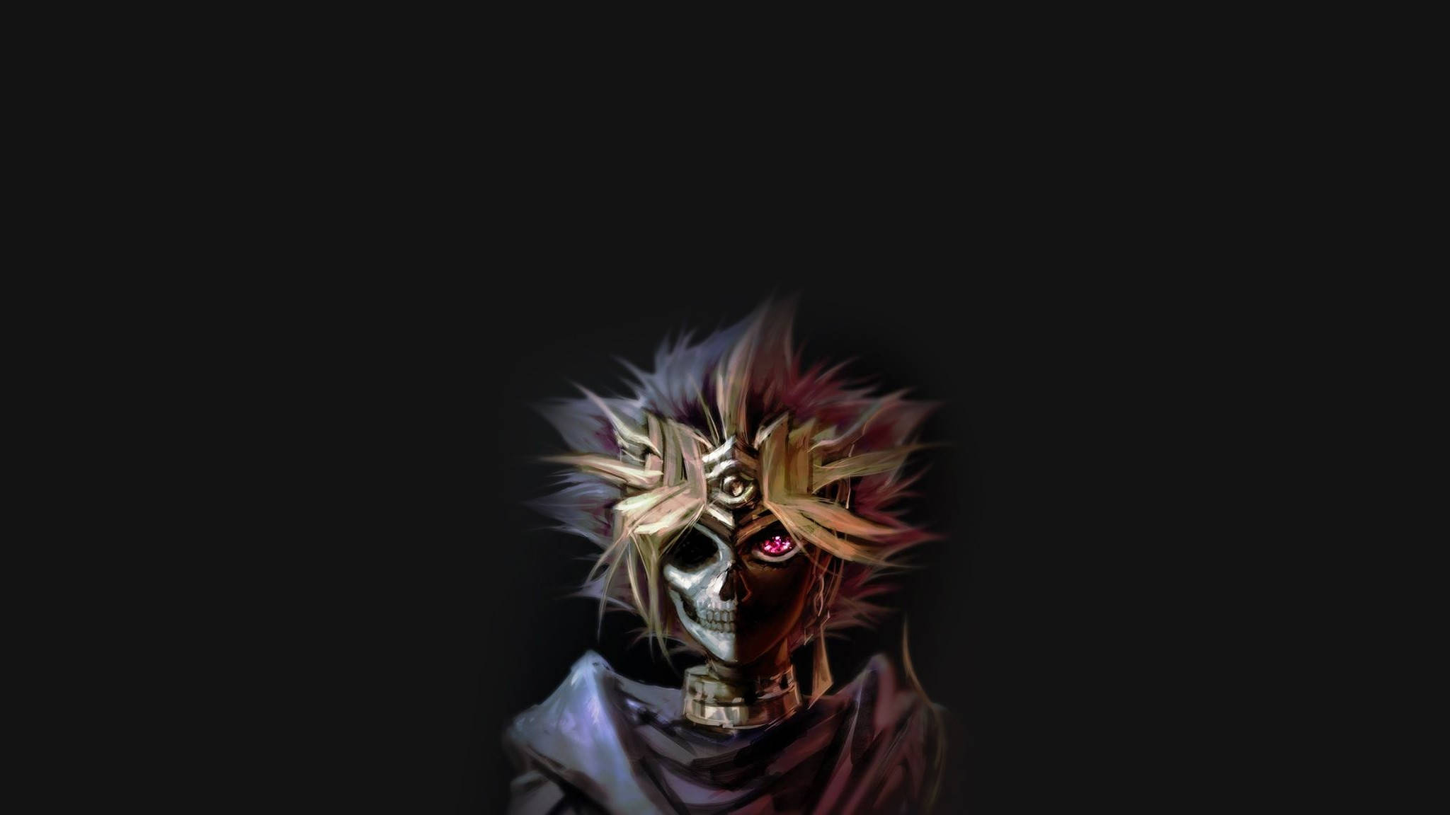 遊戲王：暗遊戲 壁紙 — 一個帶有發光紅眼和尖刺金髮的威脅性動漫頭骨，背景為黑色。