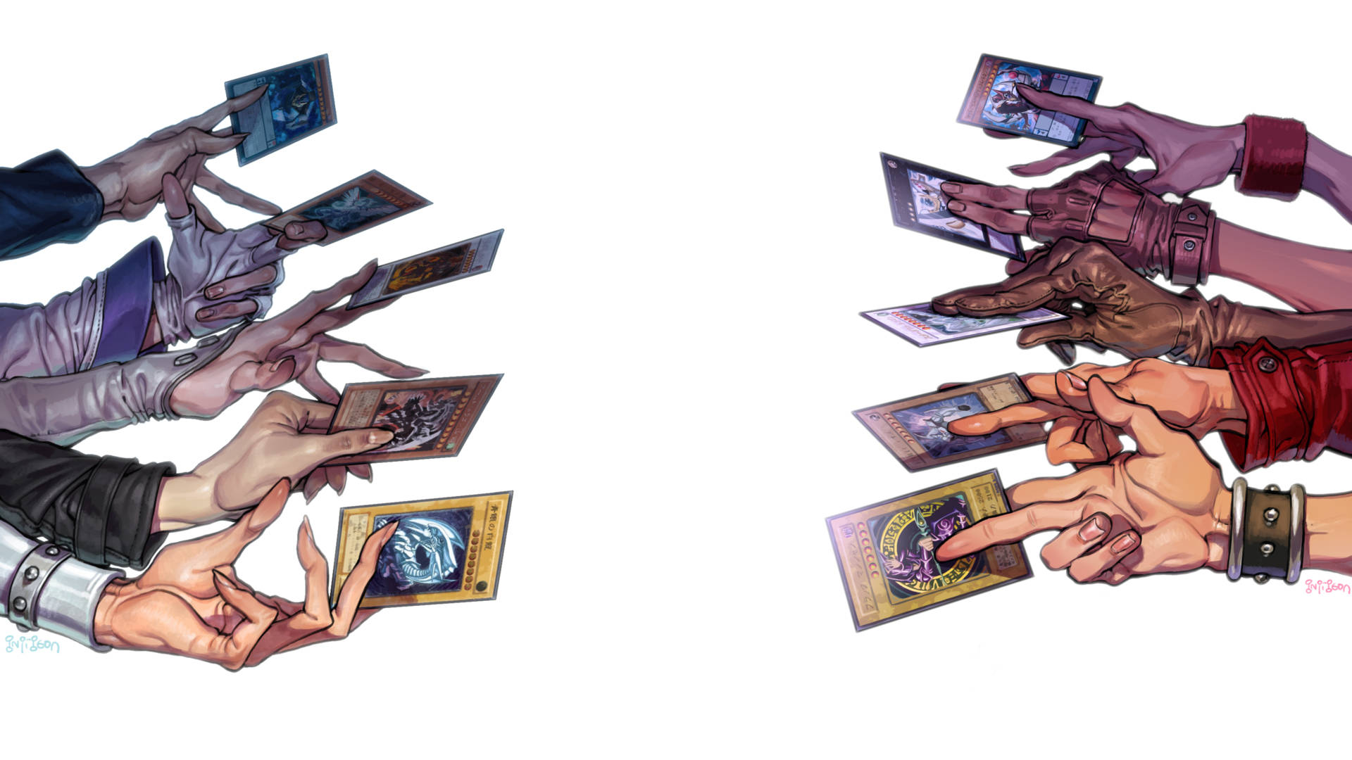 兩組插圖手拿著遊戲王卡牌，彼此面對面。