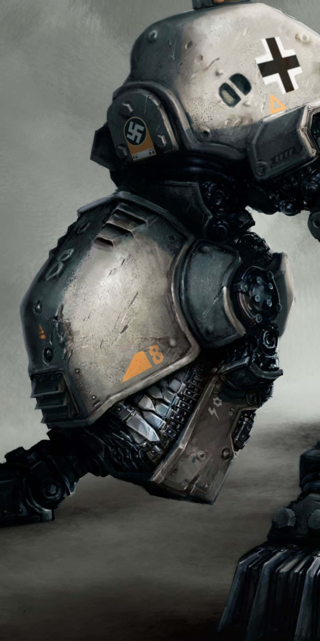 遊戲界的巔峰之作：Pixel 3 與 Wolfenstein II 壁紙 — 一個身穿重型裝甲的未來士兵近距離特寫，肩上帶有卍字和十字徽章。