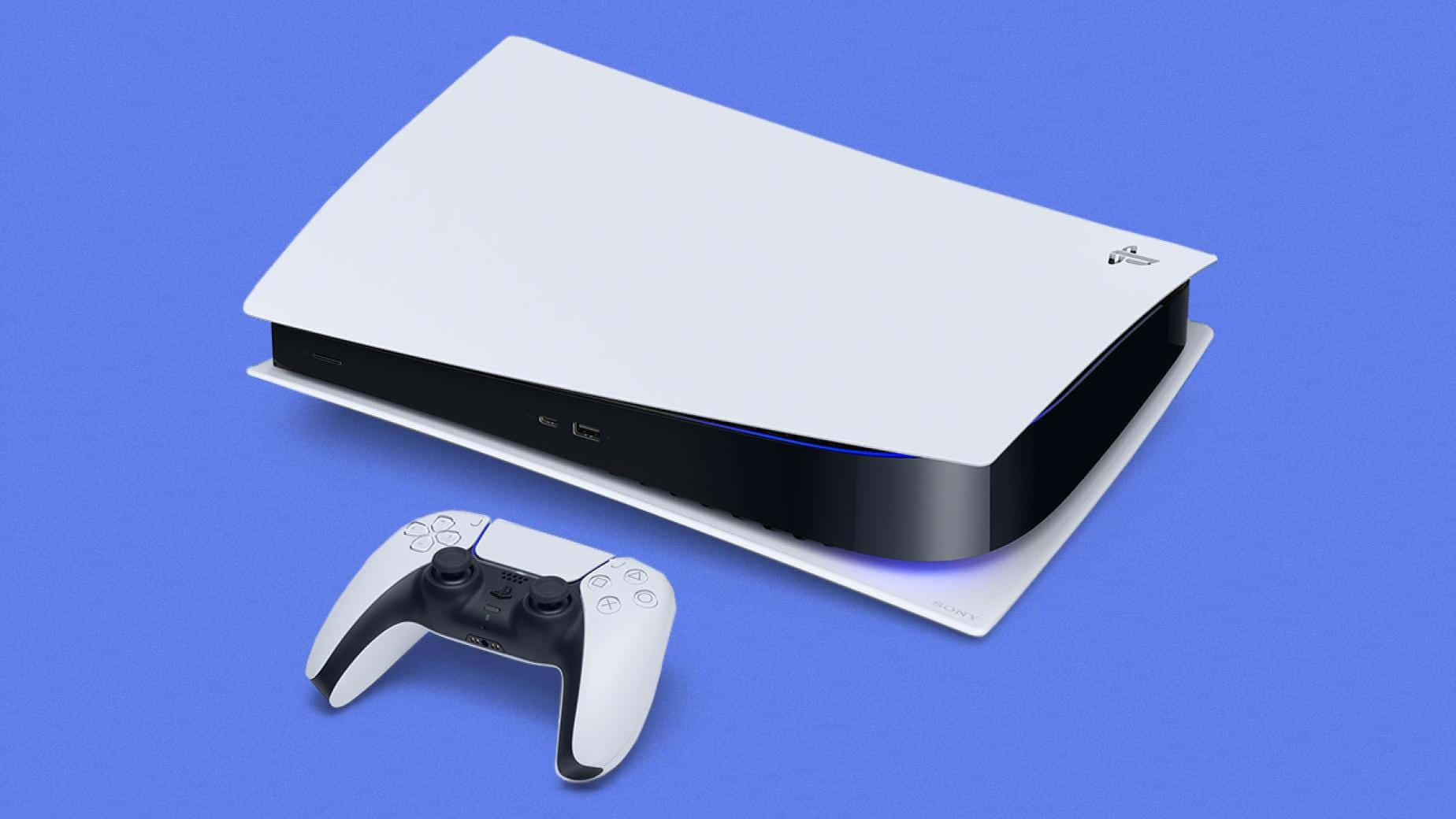 白色 PlayStation 5 主機及控制器在藍色背景上