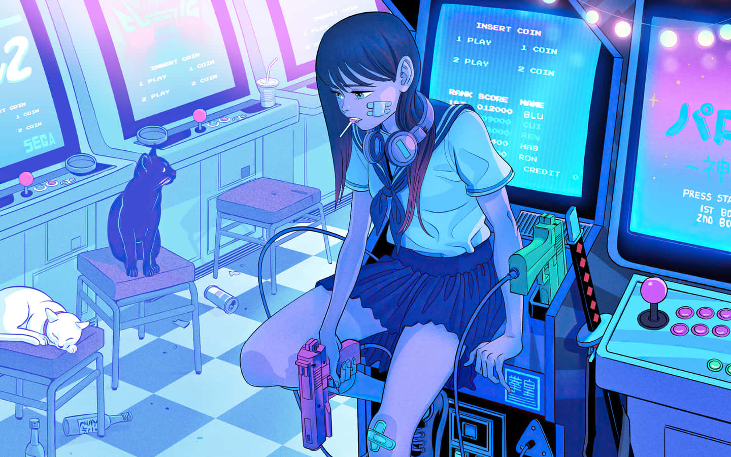戴住耳機嘅動漫女仔坐喺遊戲機上面，附近有貓喺度瞓覺。