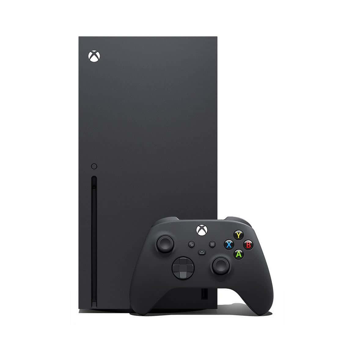 白色背景上的黑色 Xbox Series X 主機和控制器。