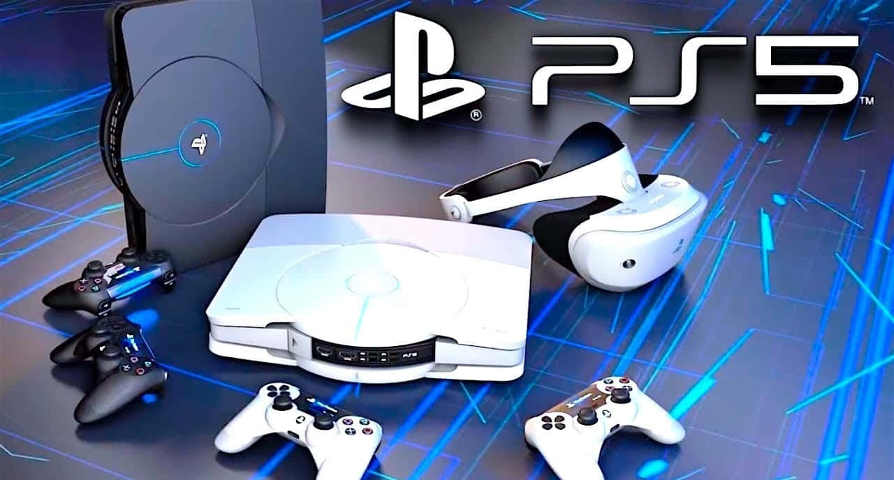 發光藍色數位網格上的PlayStation 5主機及配件。