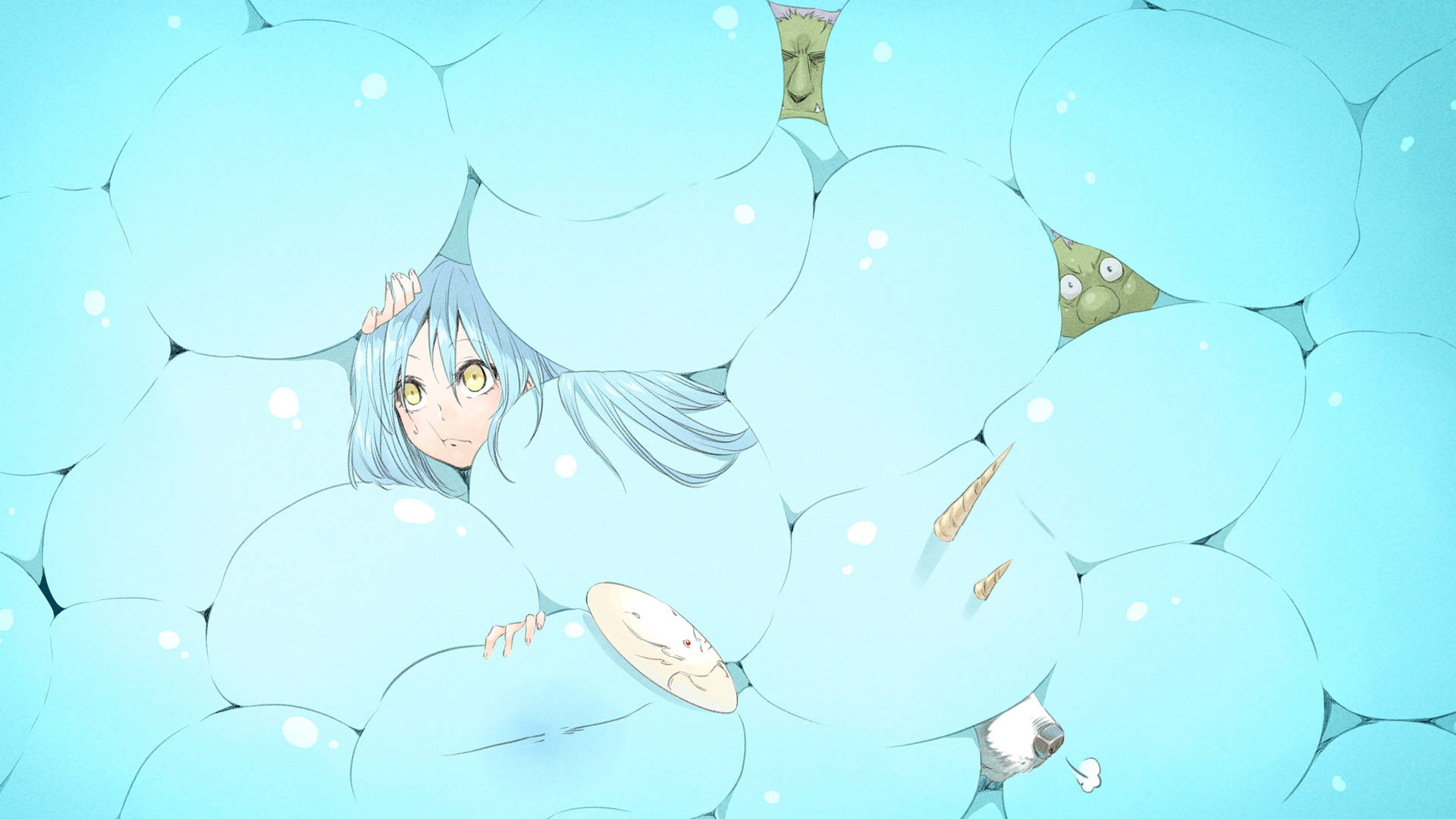 藍色頭髮的動漫女孩從漂浮的泡泡後面與小生物一起窺視。