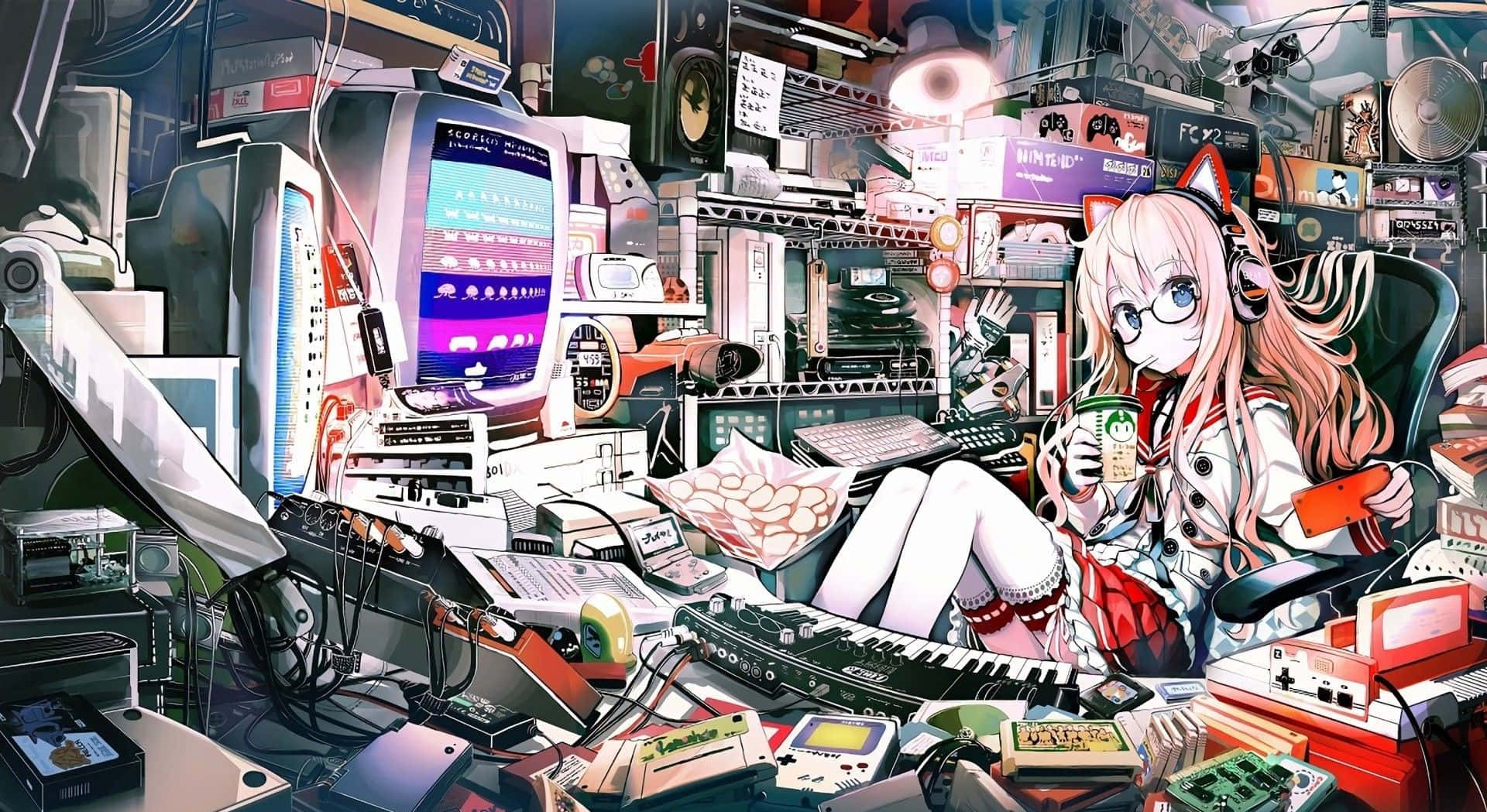 遊戲開始，讓每刻都值得！ 壁紙 — 一個貓耳動漫女孩坐在一個雜亂的復古科技工作坊裡，裡面充滿了老式電腦和遊戲設備。