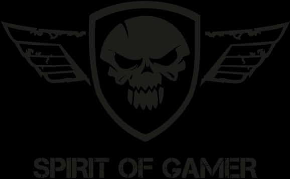 遊戲骷髏翅膀標誌 壁紙 — 深灰色骷髏標誌，帶有翼盾和「SPIRIT OF GAMER」文字，背景為黑色。