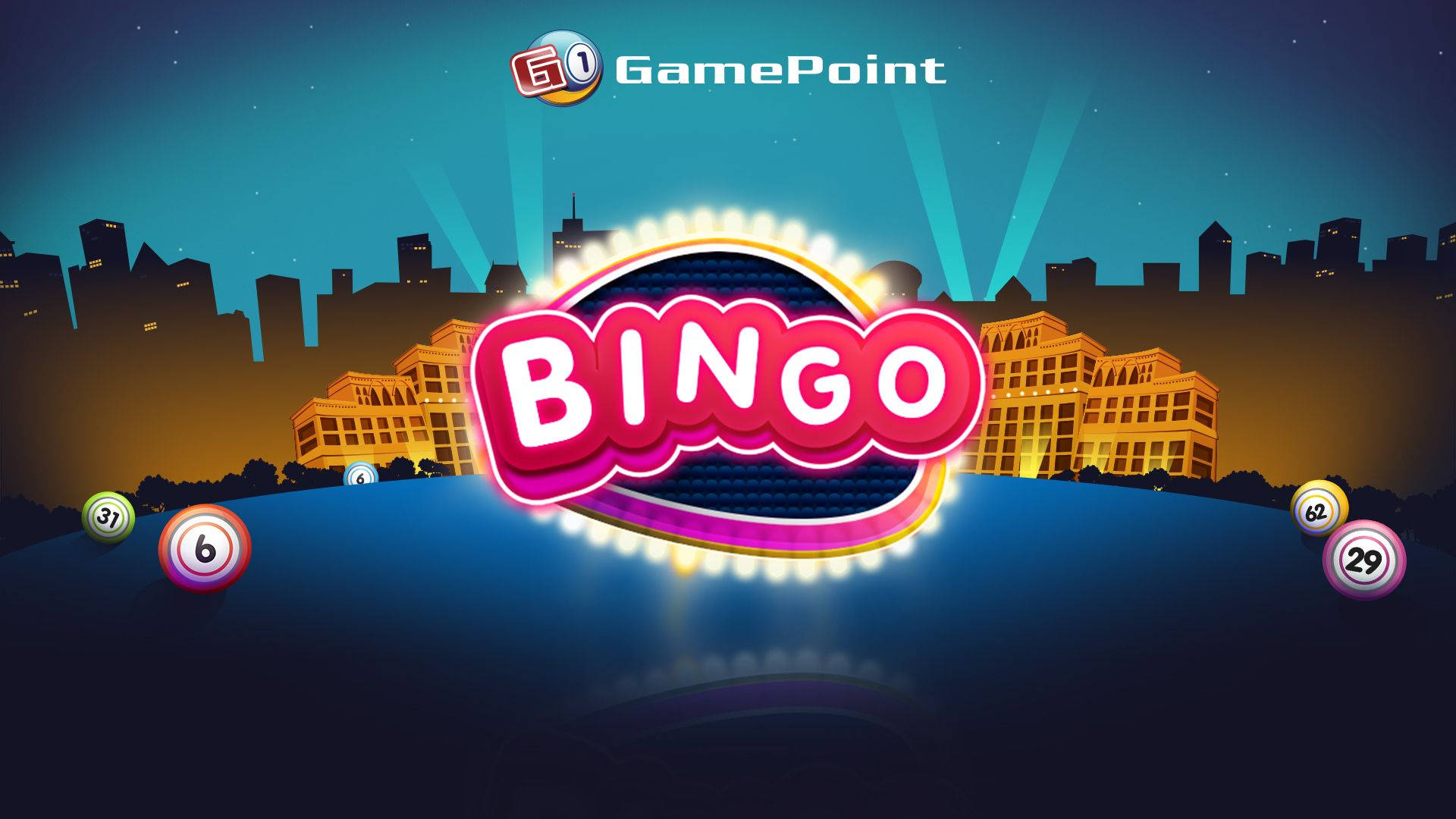 遊戲點賓果海報 壁紙 — 一個充滿活力的霓虹燈 'BINGO' 標誌在夜間照亮了風格化的城市景觀，並有漂浮的賓果球。