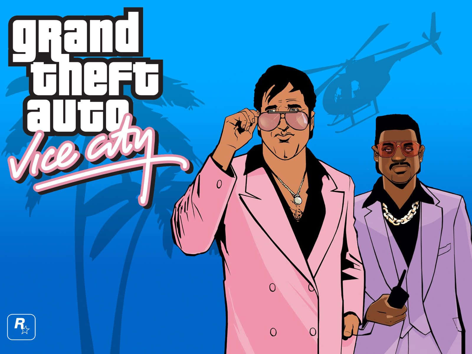 兩個身穿西裝和太陽眼鏡的卡通角色，帶有「Grand Theft Auto Vice City」標誌。