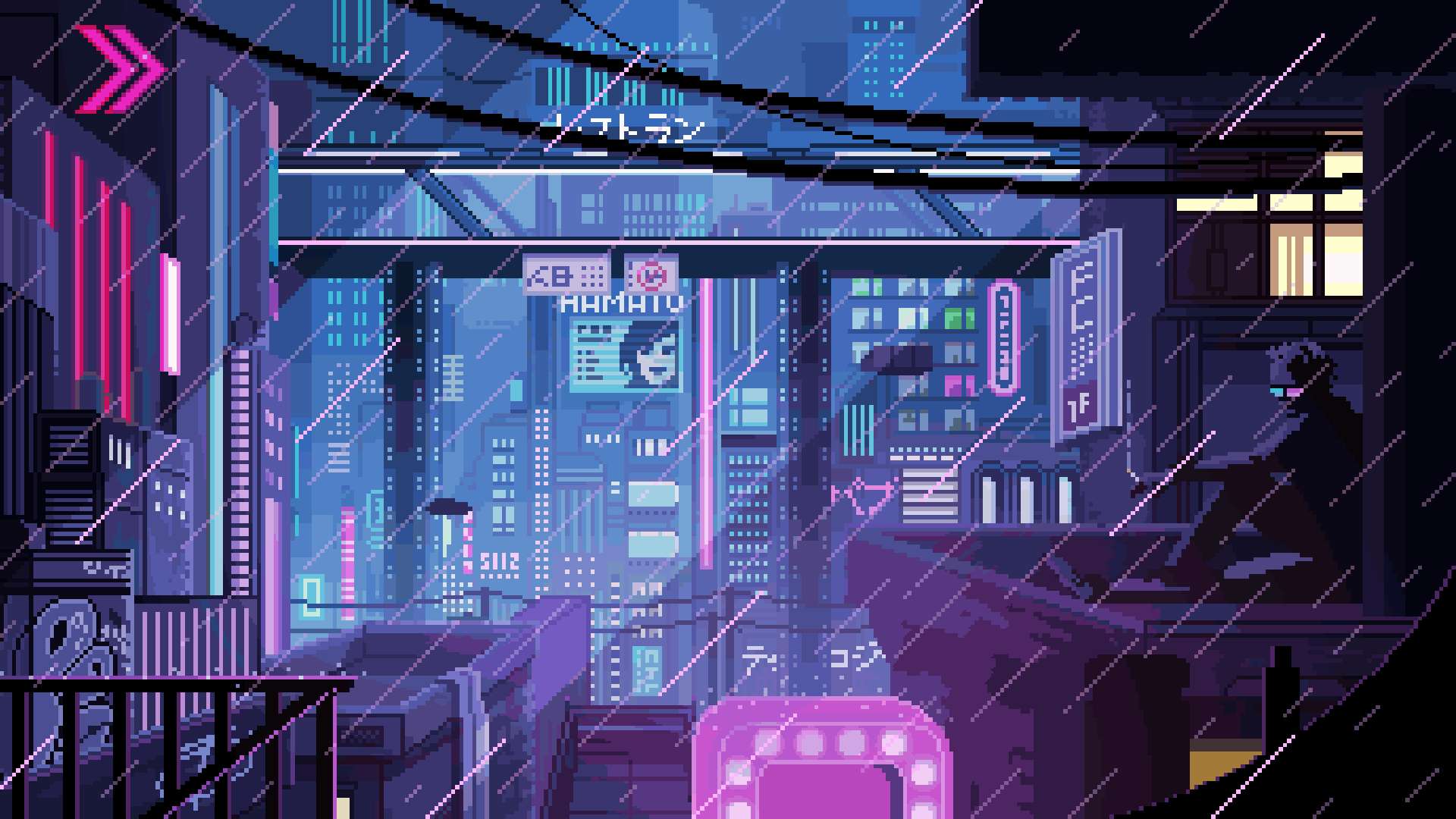 像素化霓虹城市夜景，有雨和屋頂上孤獨的身影。