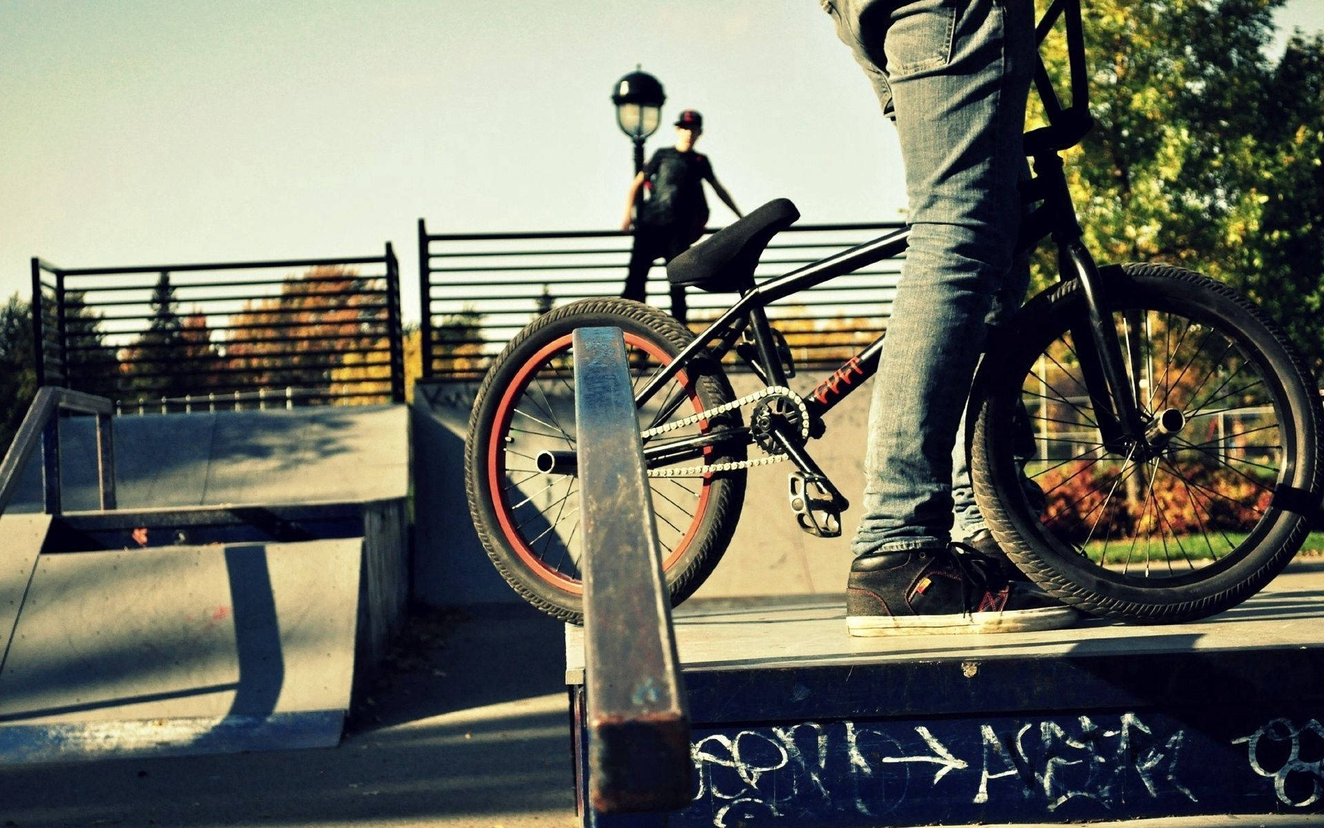 BMX單車靠在滑板公園欄杆上，車手在附近，秋日陽光