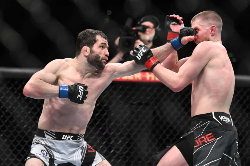 兩名男性MMA拳手在八角籠內於UFC比賽中互相出拳。