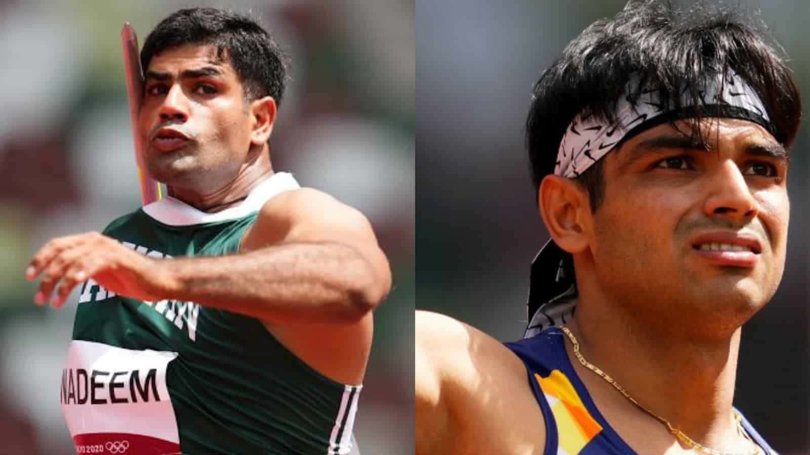 Neeraj Chopra 桌布 壁紙 — 運動員尼拉吉·喬普拉在擲標槍時的動作，以及戴著圖案頭帶的特寫肖像。
