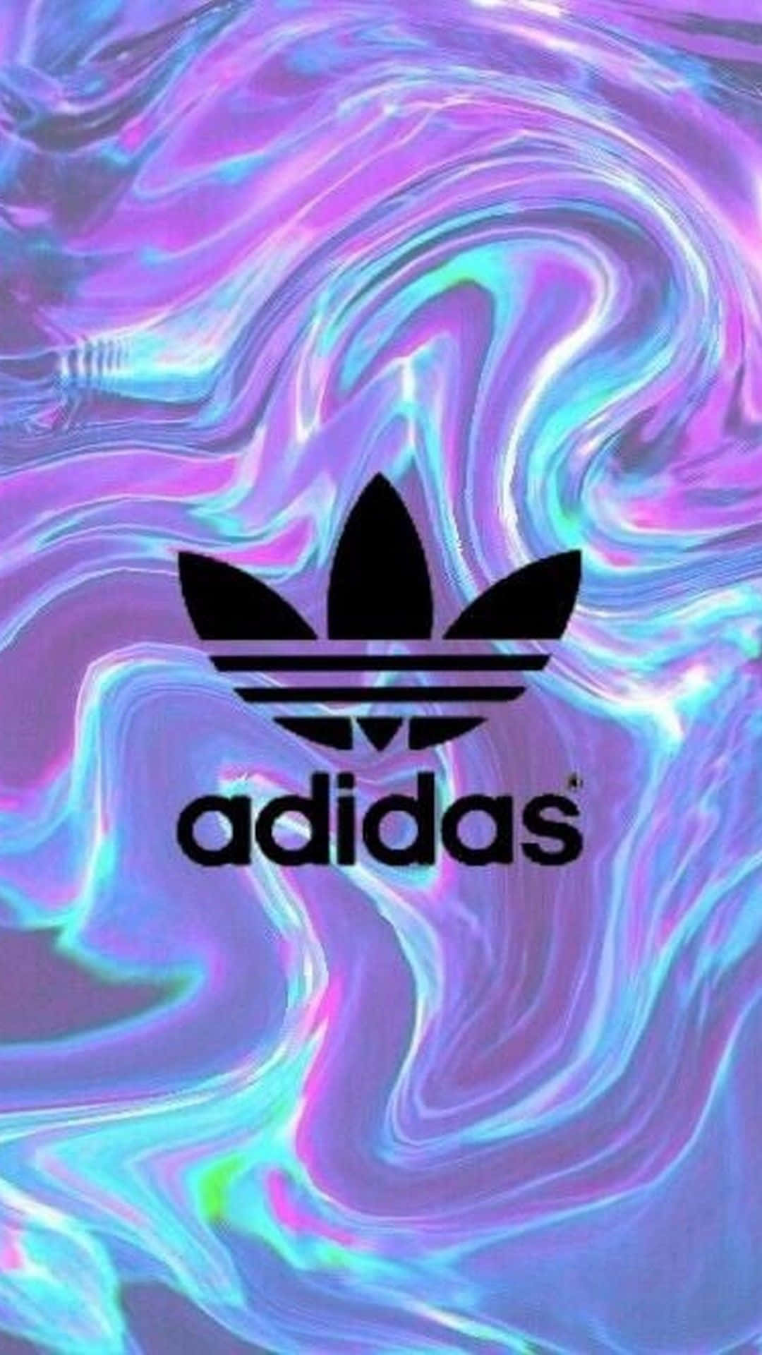 Adidas標誌在旋轉紫色和青色漸變背景上