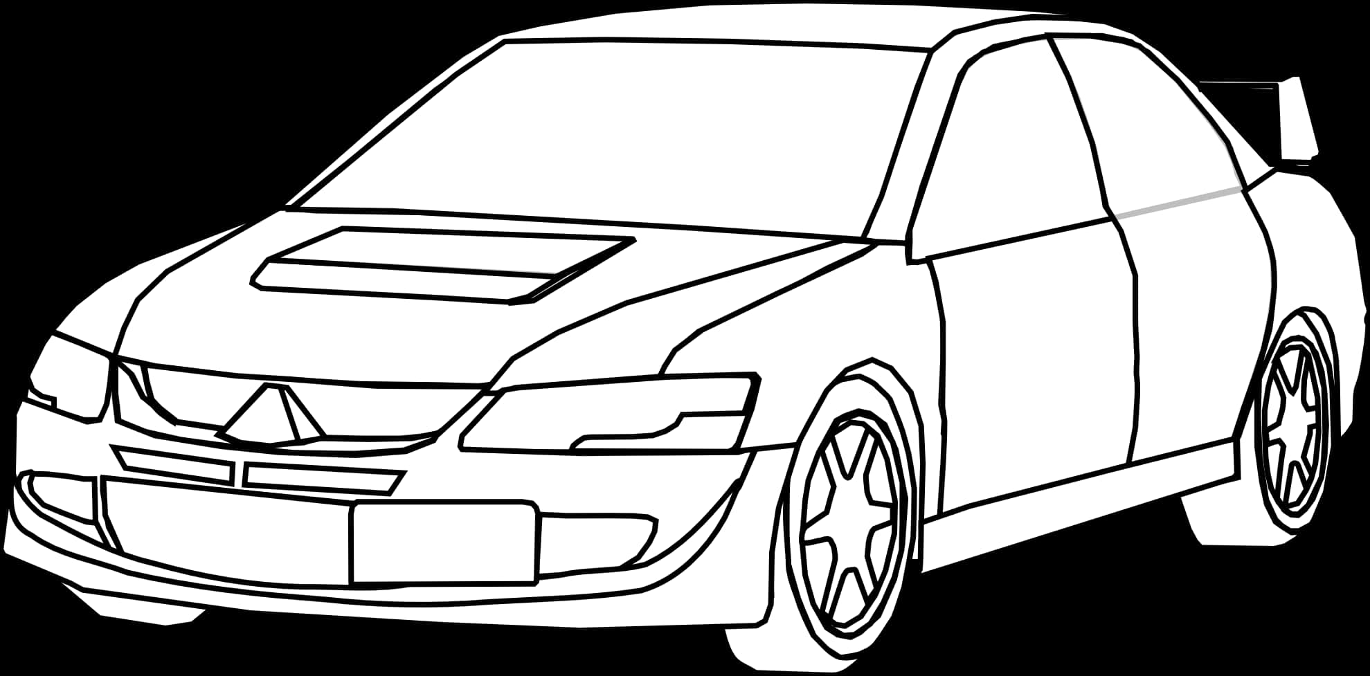 運動型轎車線條圖 壁紙 — 一架運動型轎車的時尚黑白線條圖，帶有後擾流板和精細車輪。