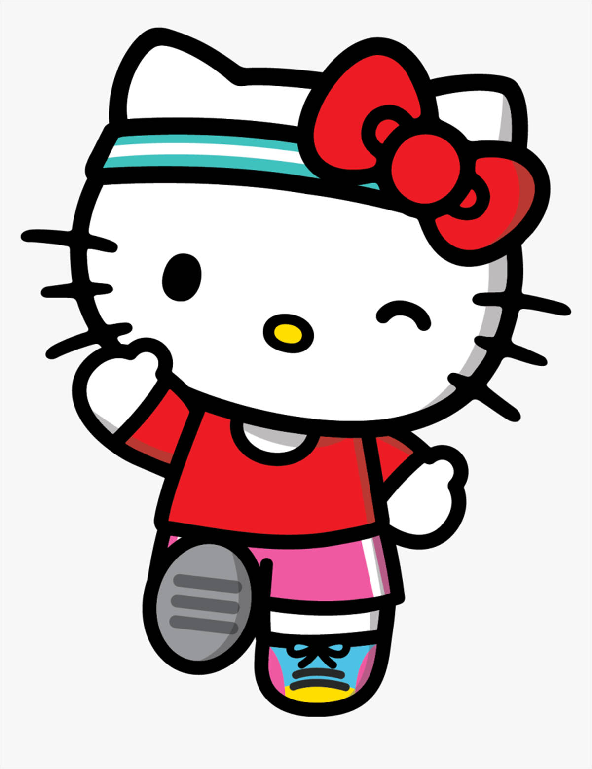 運動風卡通Hello Kitty頭像 壁紙 — Hello Kitty 卡通角色身穿紅色襯衫、粉紅色短褲和跑步鞋，正邁步中，戴著紅色蝴蝶結和青綠色頭帶。