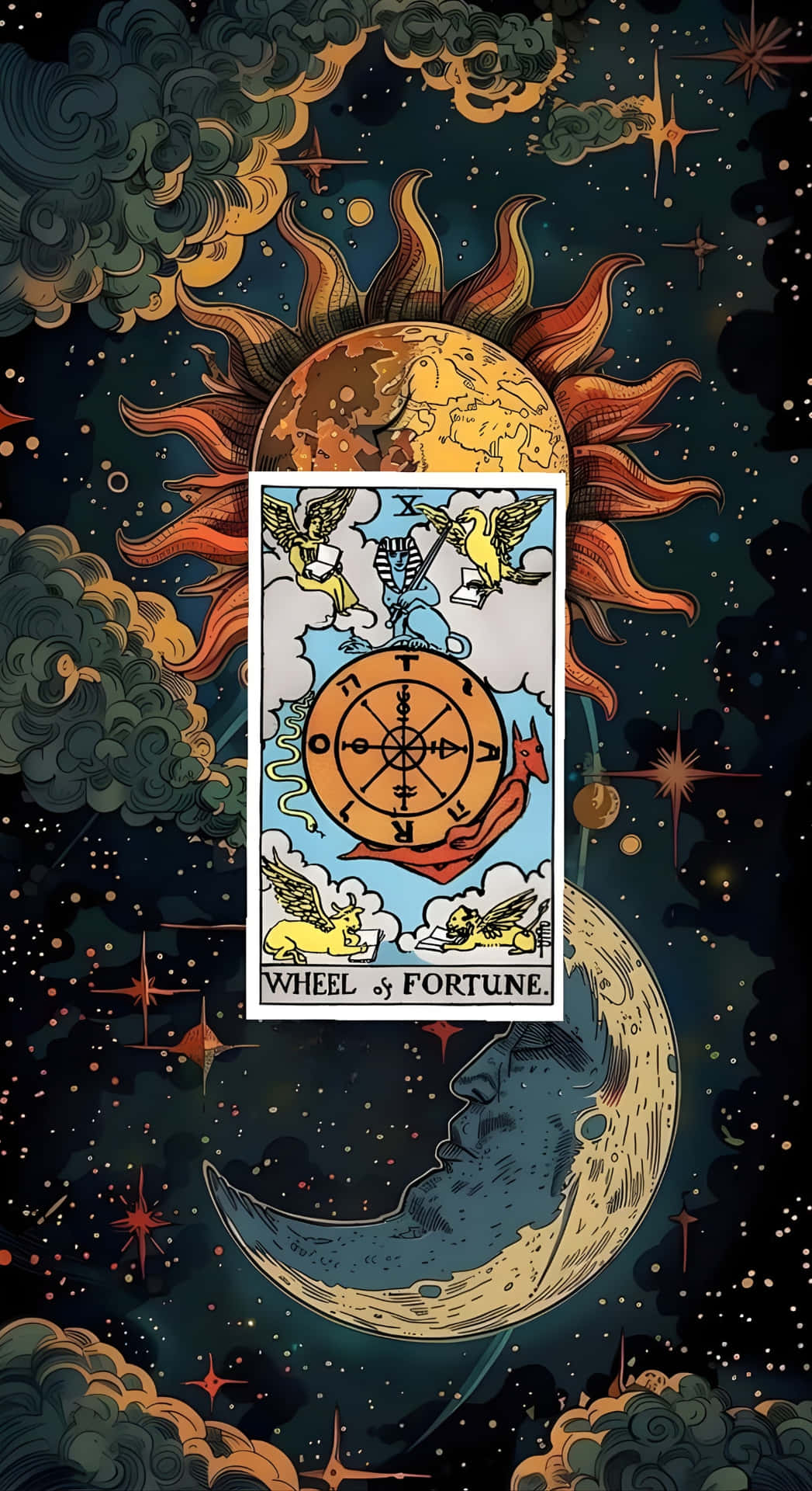 運命之輪塔羅 壁紙 — 塔羅牌命運之輪在熾熱的太陽與新月之間發光，周圍是宇宙雲層和星星。