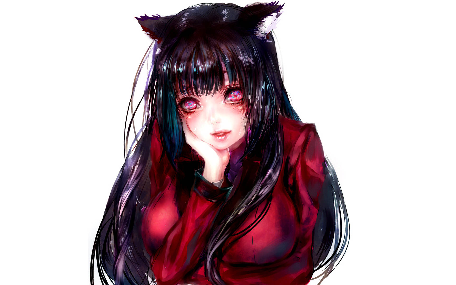 有貓耳和紅眼睛的動漫女孩將下巴擱在手上。
