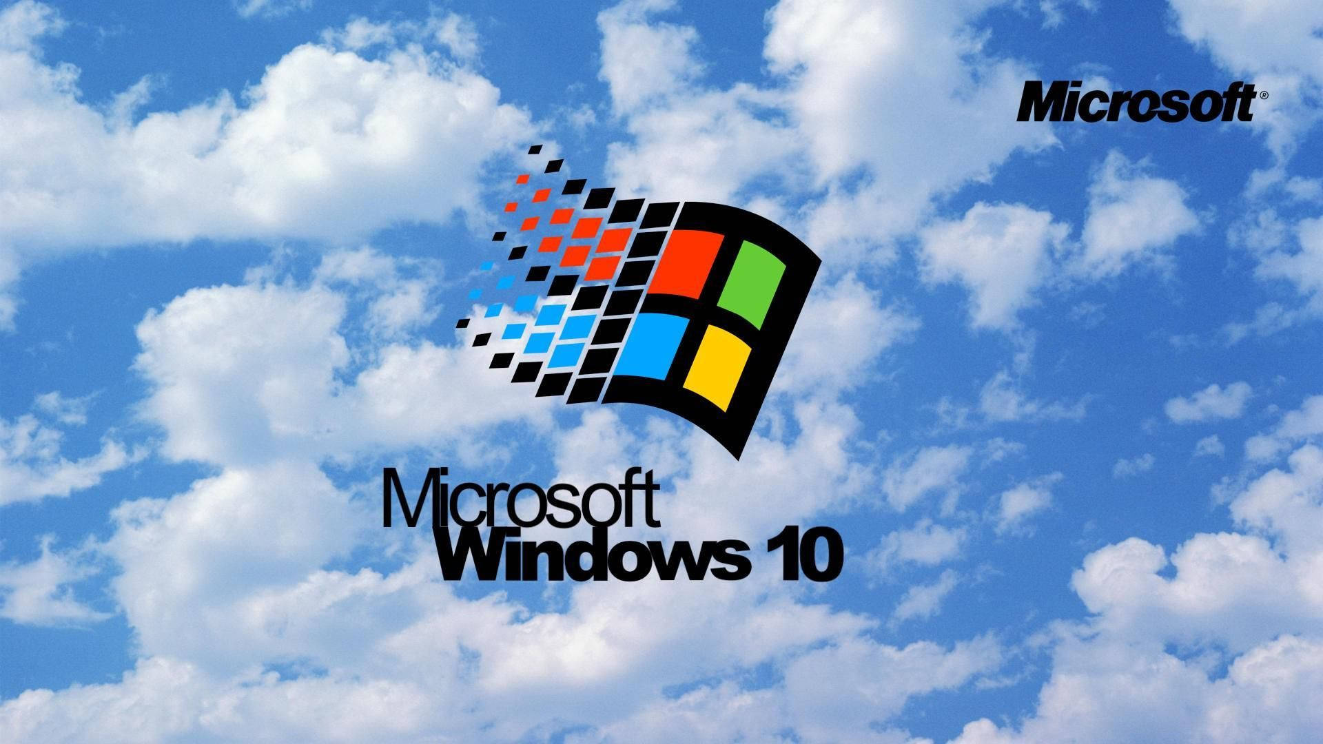 Microsoft Windows 10 標誌漂浮在藍天白雲中。